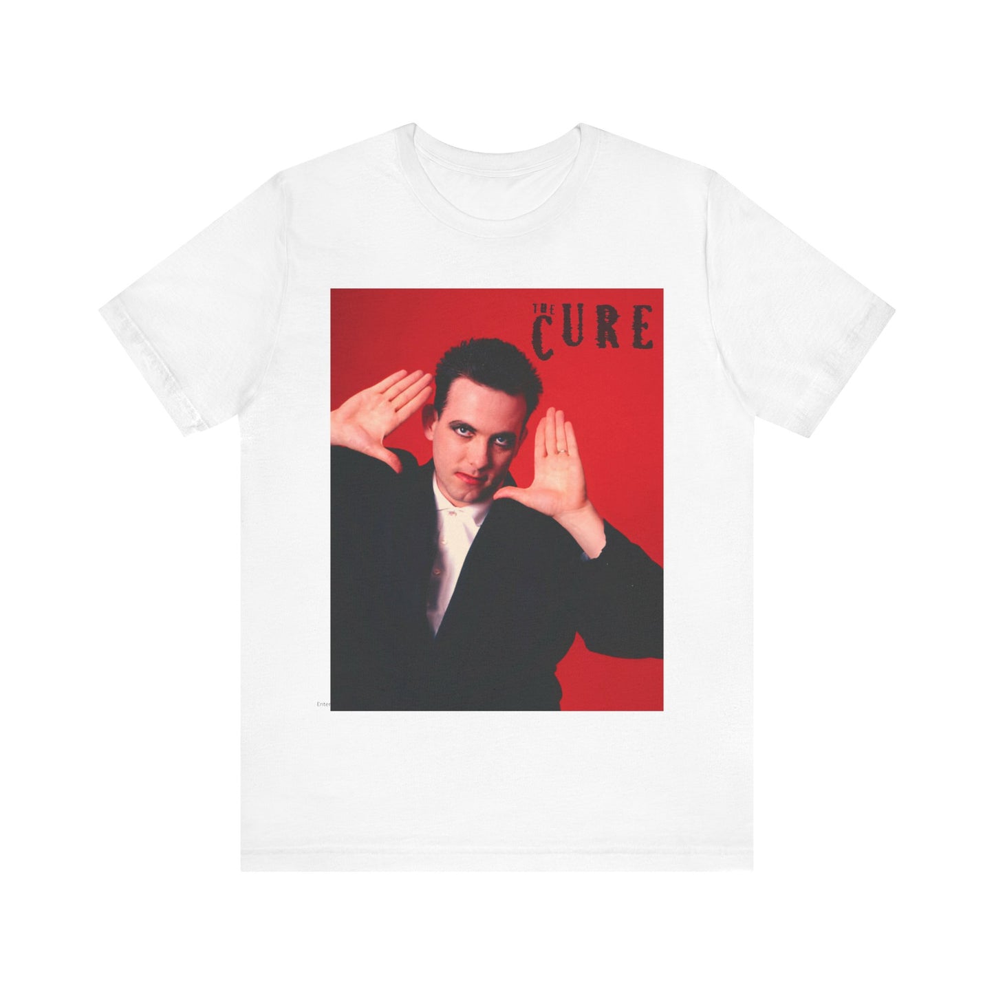 A black graphic t-shirt featuring a graphic of Robert Smith from The Cure in his authentic style.