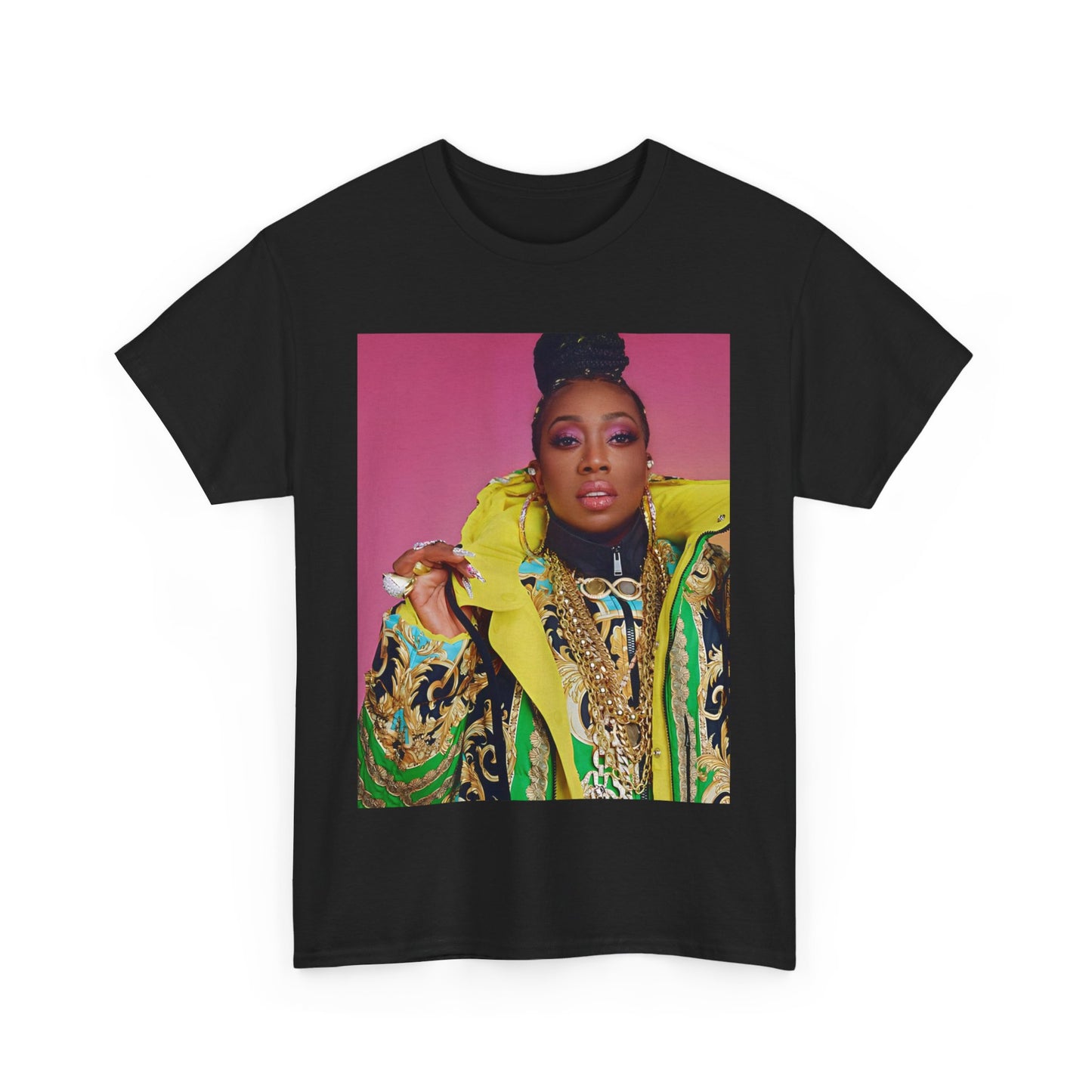 A black graphic t-shirt featuring a graphic of Missy Elliott as the rap queen of innovation.