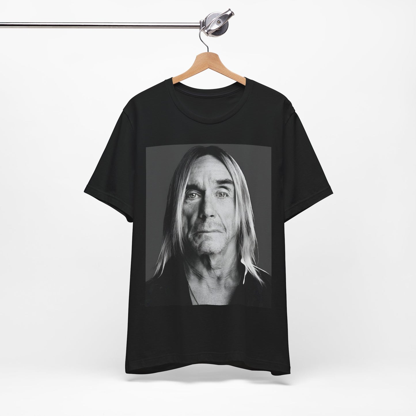A black graphic t-shirt featuring a black and white portrait photo of Iggy Pop.