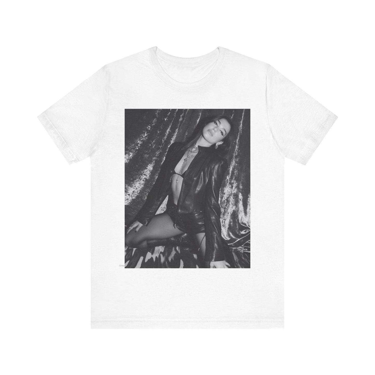 A black graphic t-shirt featuring a black and white portrait photo of Dua Lipa.