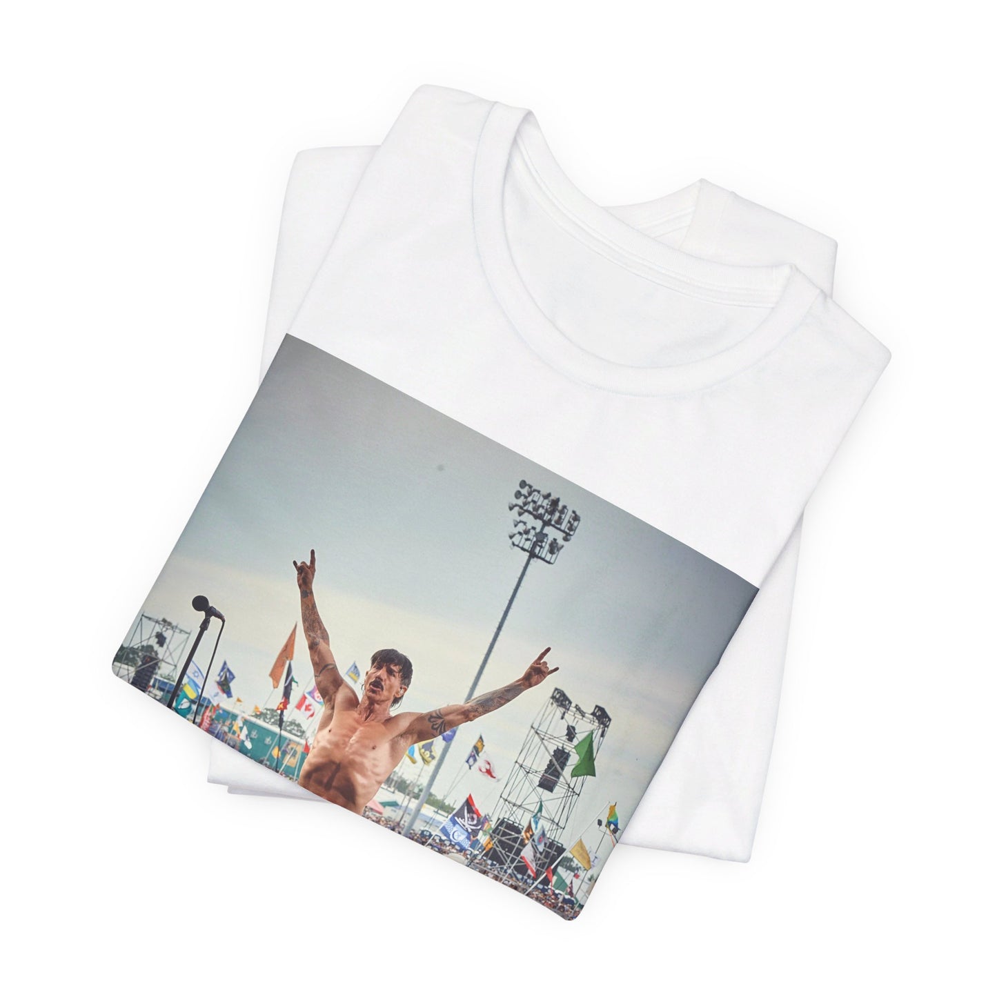 A black graphic t-shirt featuring a concert tour graphic of Red Hot Chili Peppers.