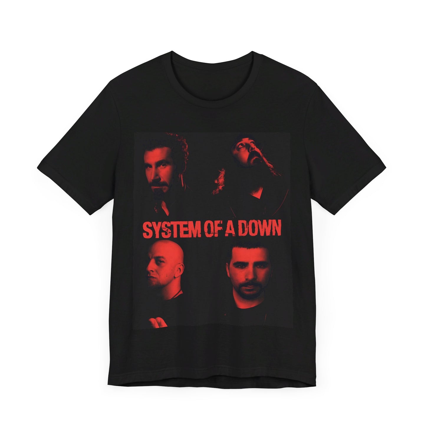 A black graphic t-shirt featuring a modern metal essential graphic of System of a Down.