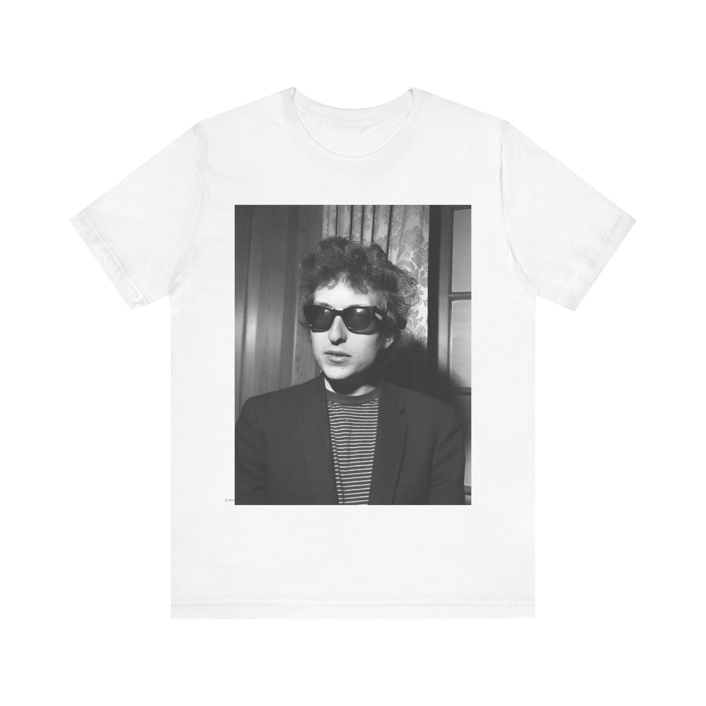 A black graphic t-shirt featuring a graphic related to Bob Dylan's 'The Freewheelin' album era.