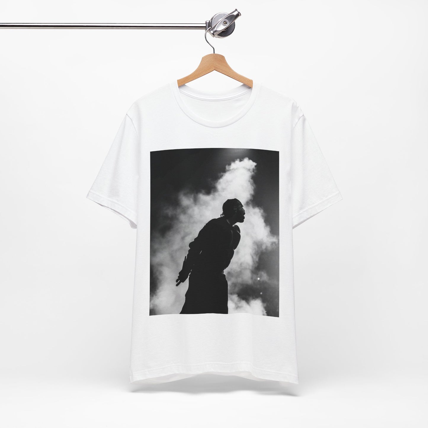 A black graphic t-shirt featuring a timeless black and white graphic or photo portrait of Drake.
