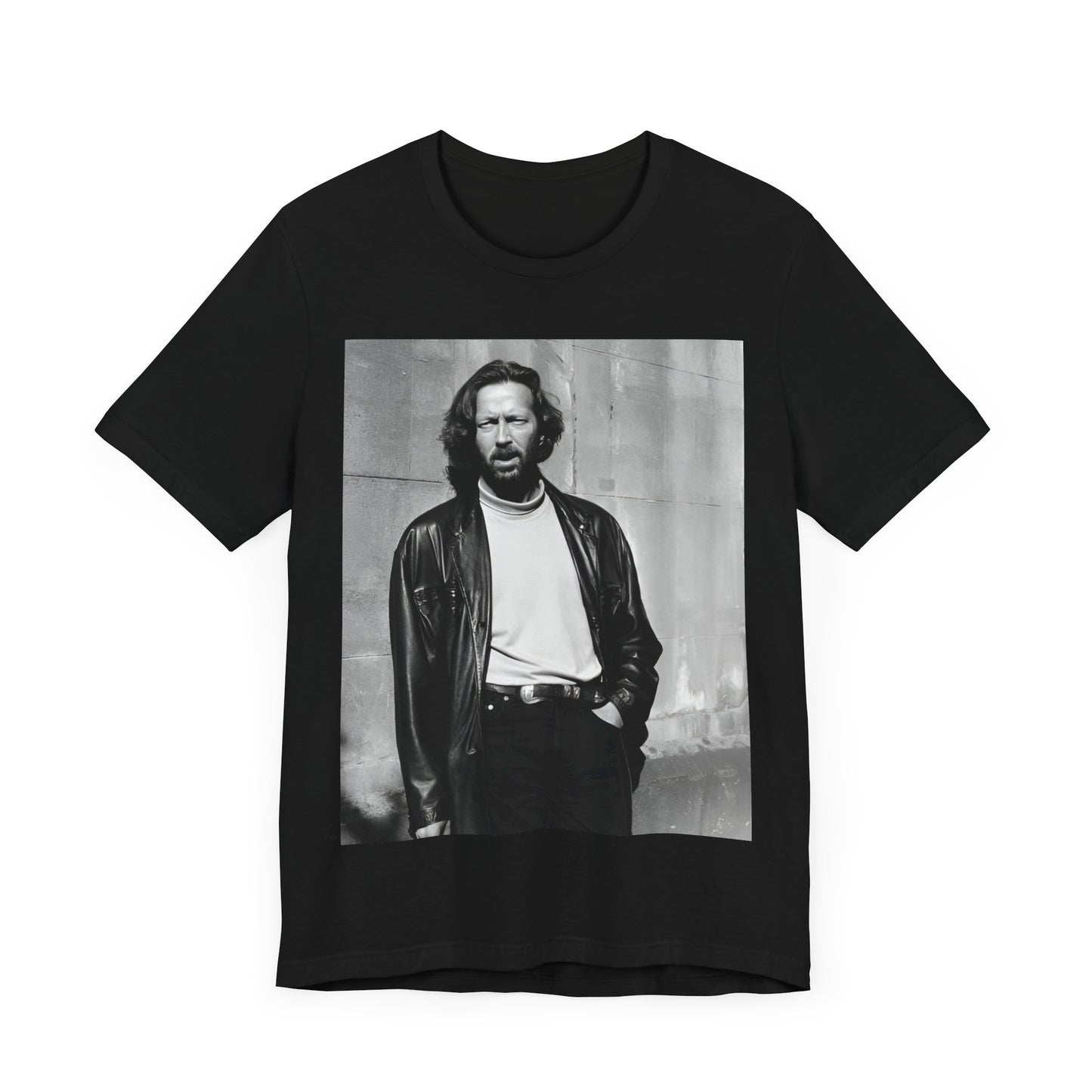 A black graphic t-shirt featuring a retro graphic related to Eric Clapton's 'Cocaine' song or era.