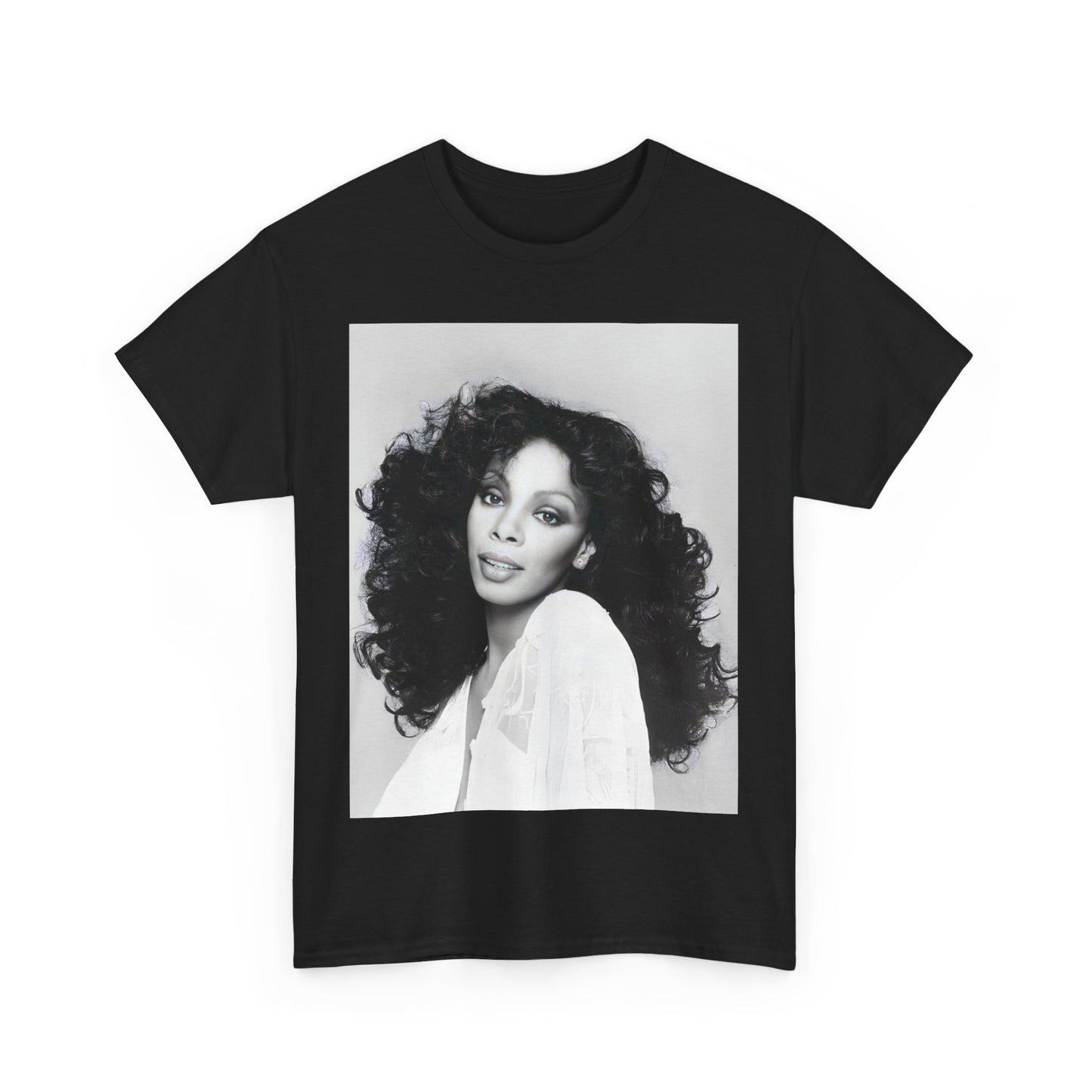 A black graphic t-shirt featuring a black and white portrait photo of Donna Summer.