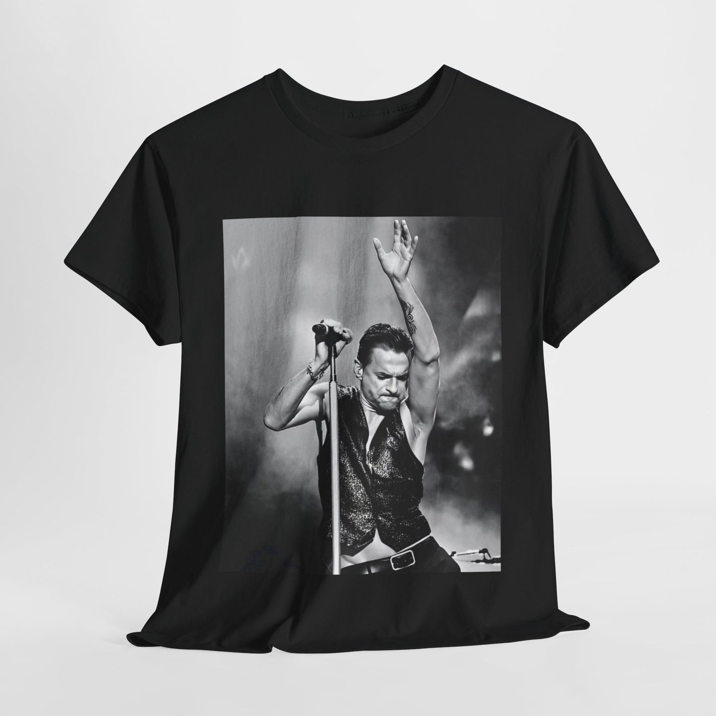 A black graphic t-shirt featuring a graphic or photo of Depeche Mode performing live on stage from the 'Personal Jesus' era.
