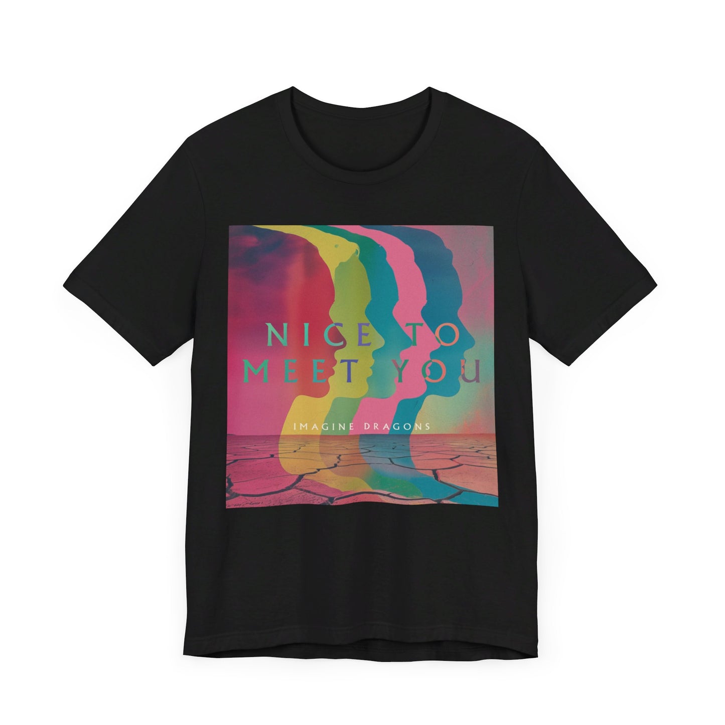 A black graphic t-shirt featuring a graphic related to Imagine Dragons' 'Nice to Meet You' song or a welcoming theme.