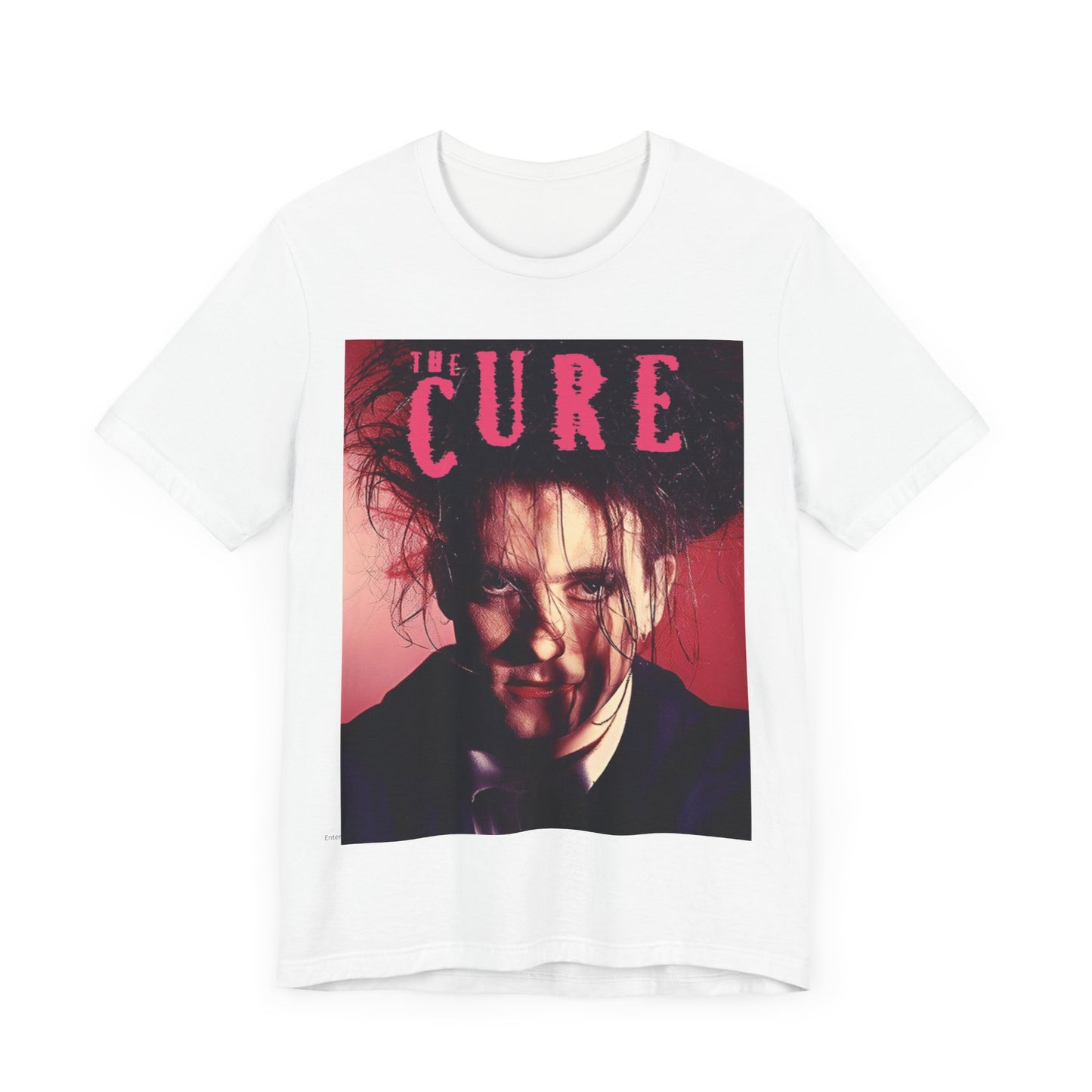 A black graphic t-shirt featuring a vintage graphic related to The Cure's 'Just Like Heaven' song or era.