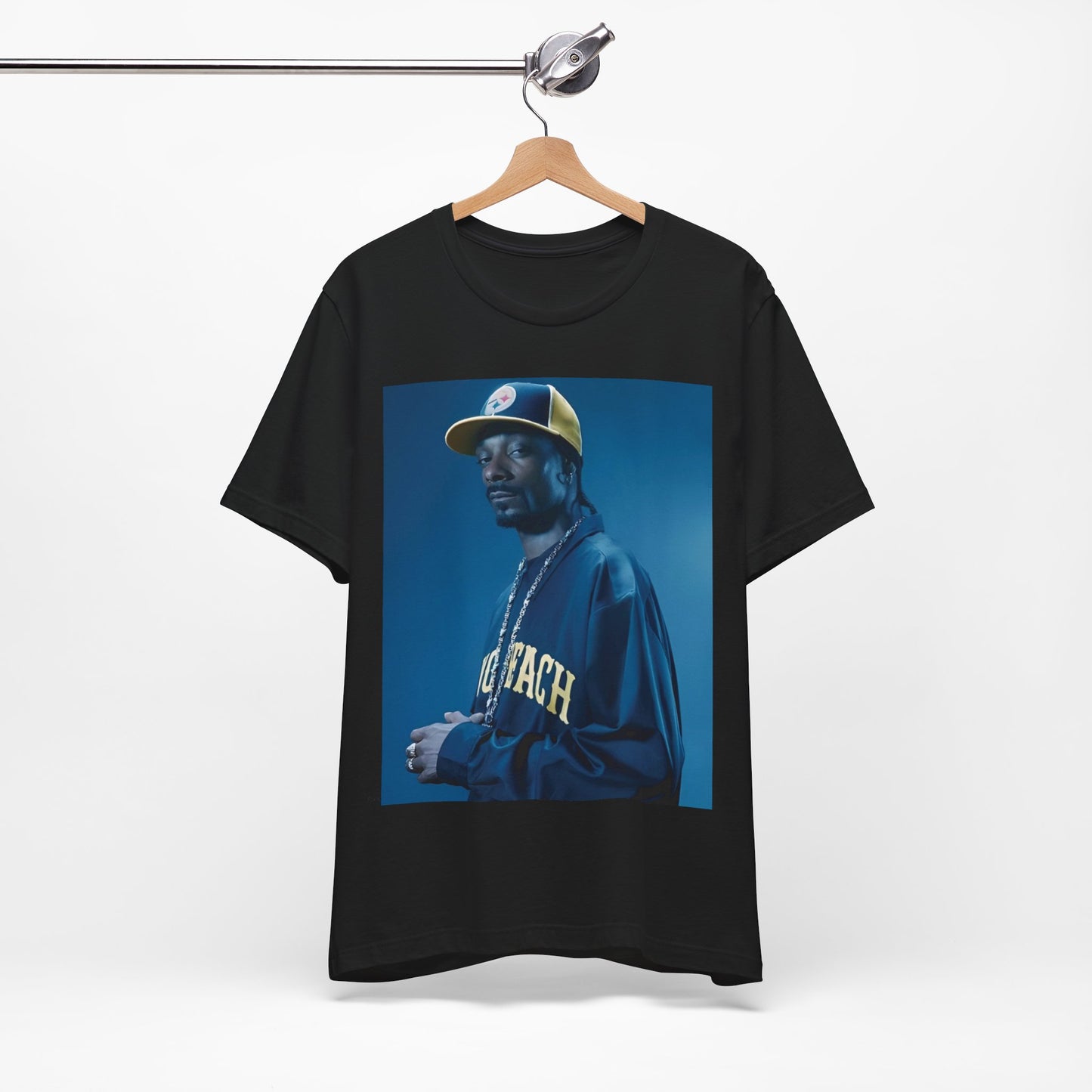 A black graphic t-shirt featuring an authentic West Coast graphic of Snoop Dogg.
