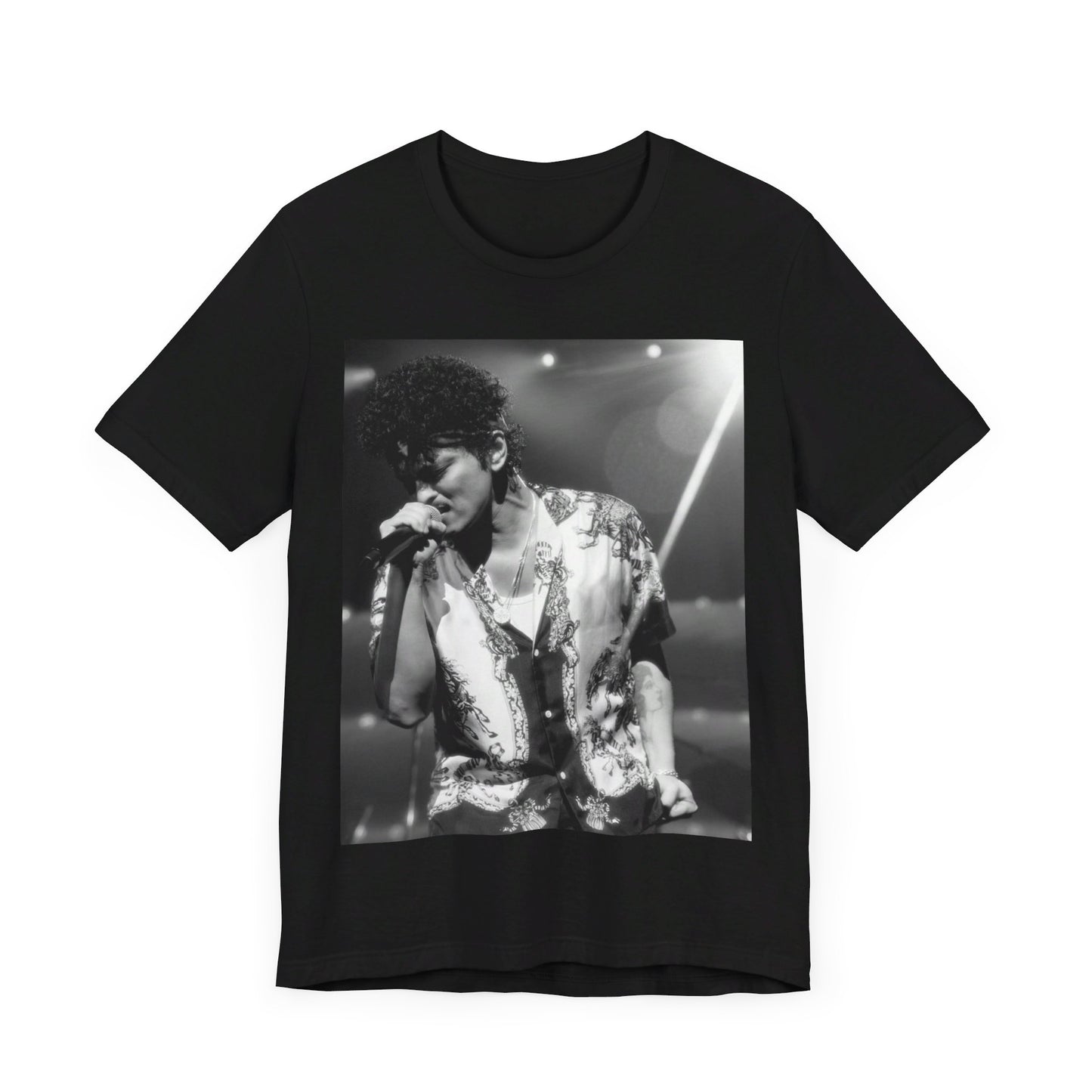 A black graphic t-shirt featuring a retro-style graphic of Bruno Mars as a soul icon.