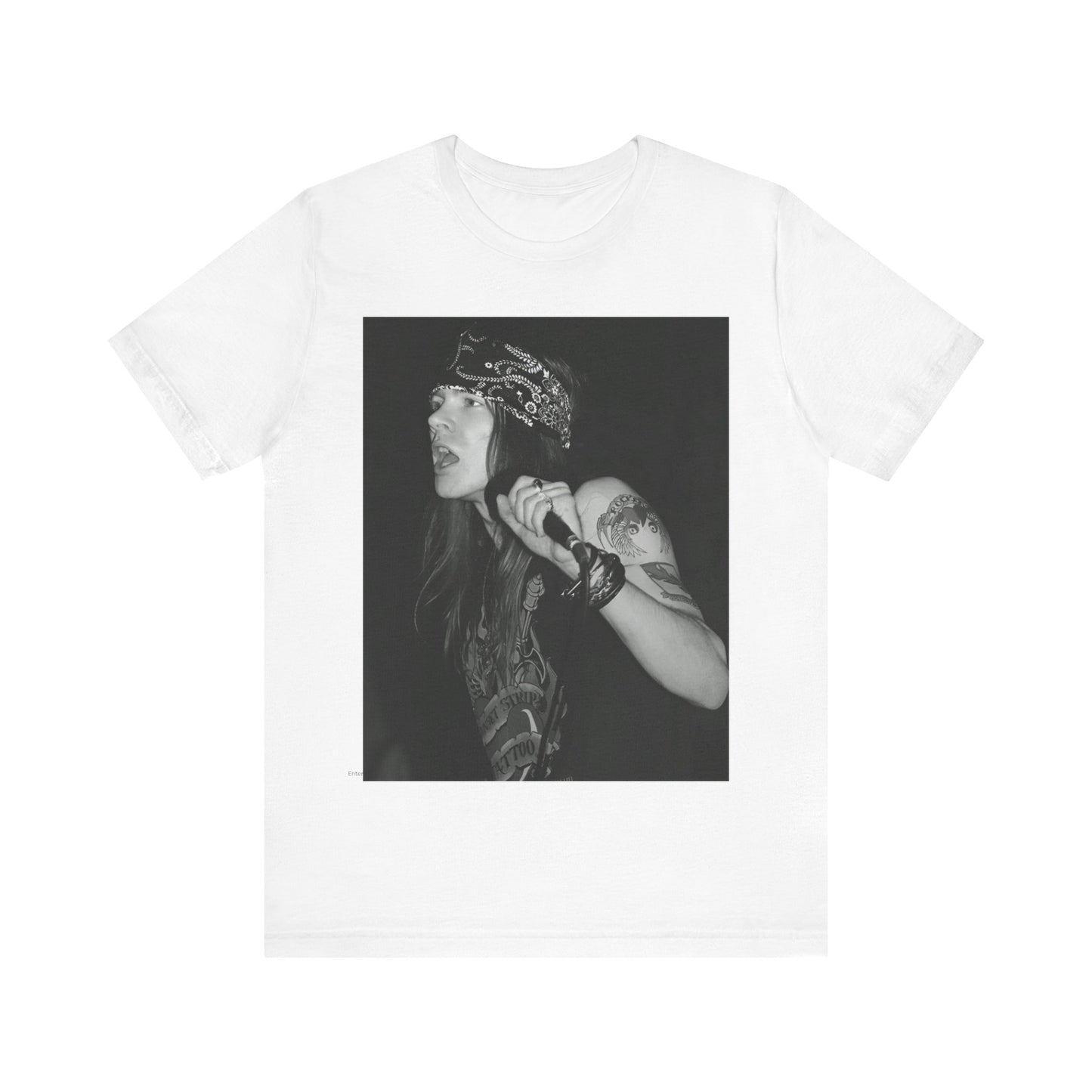 A black graphic t-shirt featuring a black and white portrait photo of the band Guns N' Roses.