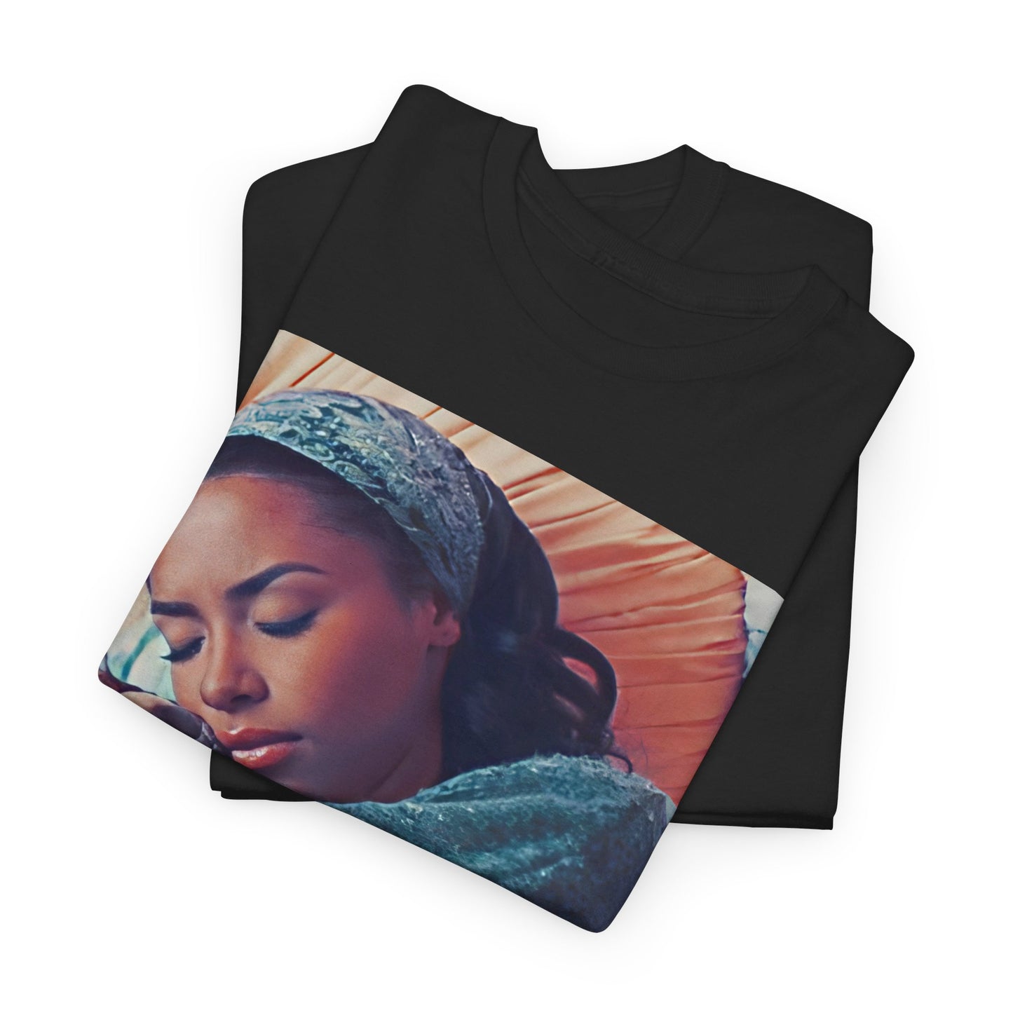 A black graphic t-shirt featuring a 90s R&B princess aesthetic graphic of Aaliyah.