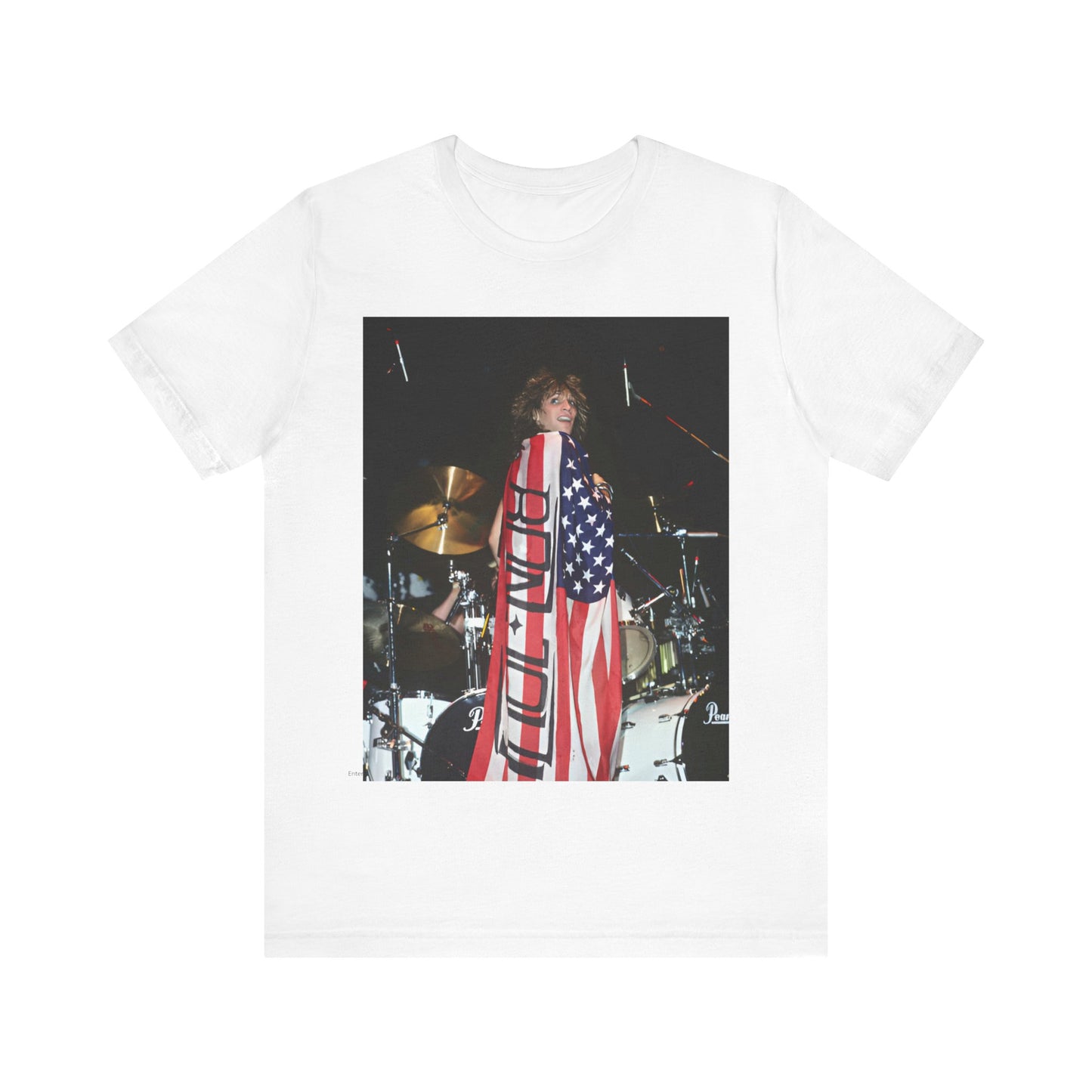 A black graphic t-shirt featuring a graphic of Bon Jovi performing on stage with an American flag as a backdrop.