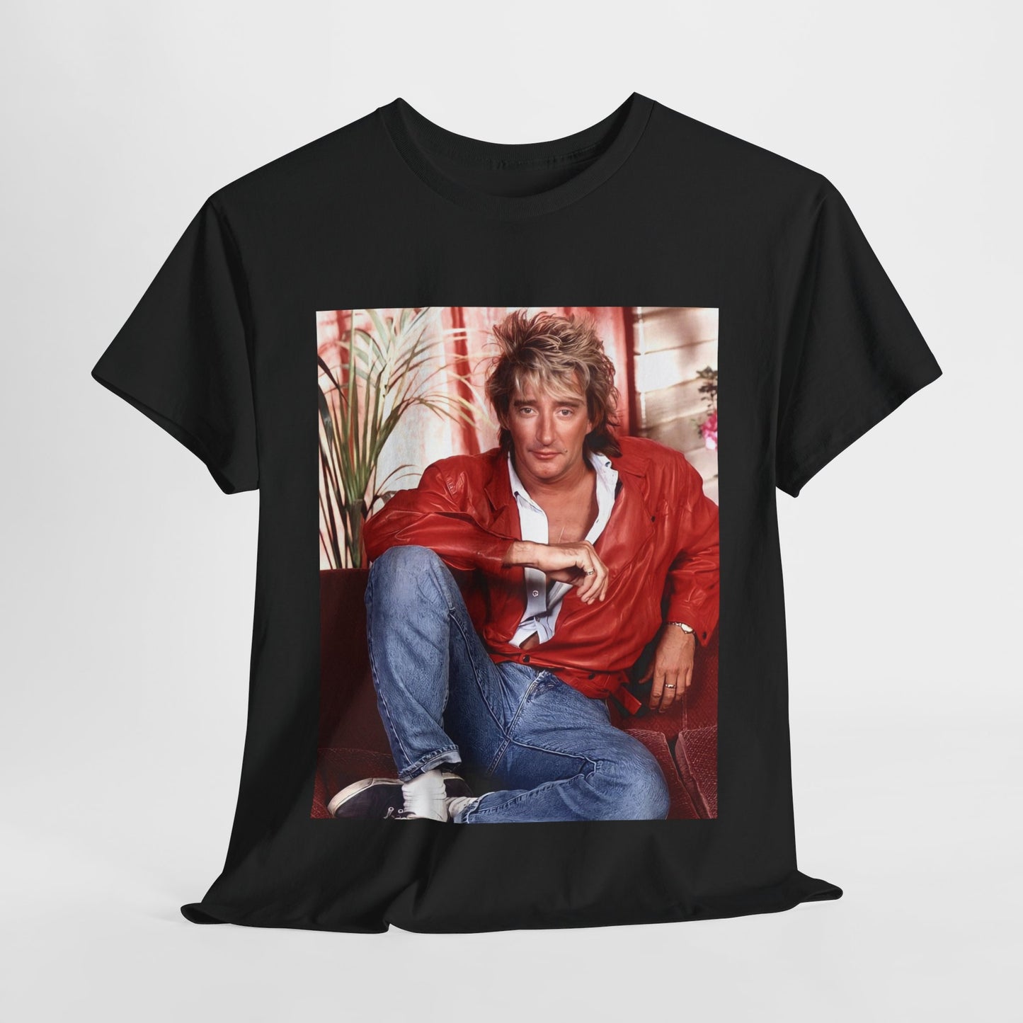 A black graphic t-shirt featuring an 80s global phenomenon graphic of Rod Stewart.