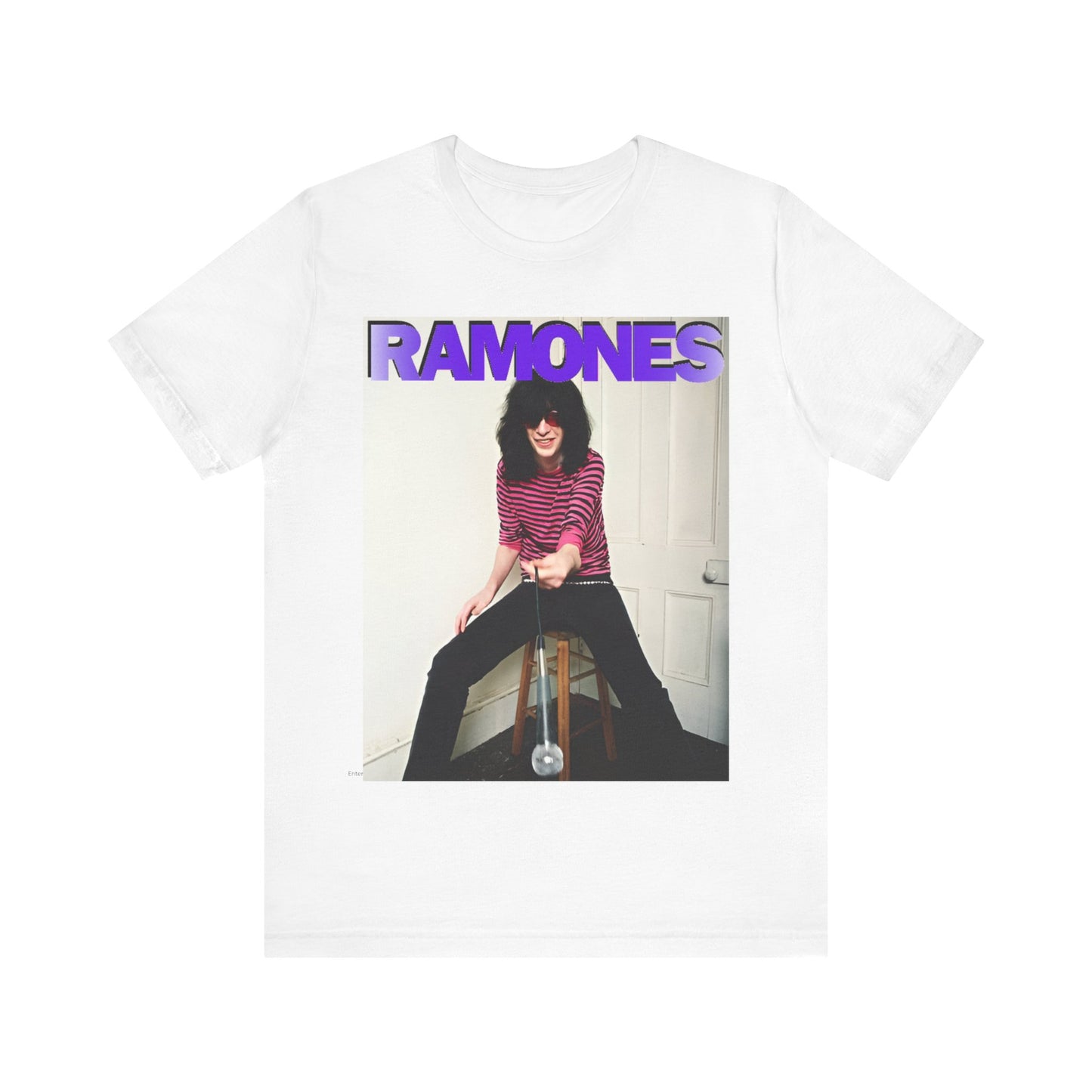 A black graphic t-shirt featuring a casual punk fan graphic of the Ramones.