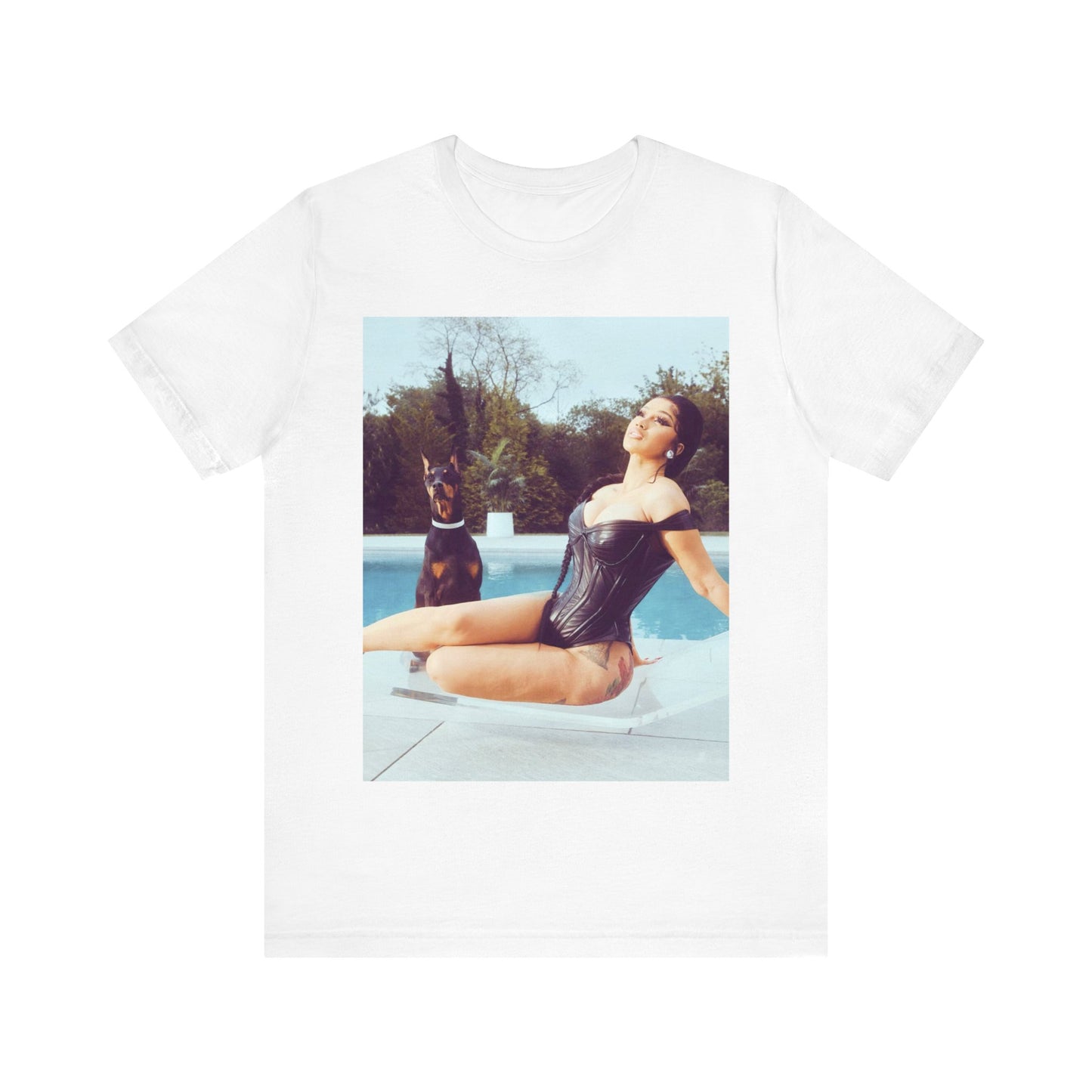 A black graphic t-shirt featuring a graphic related to Cardi B's 'I Like It' song, with bold pop culture elements.