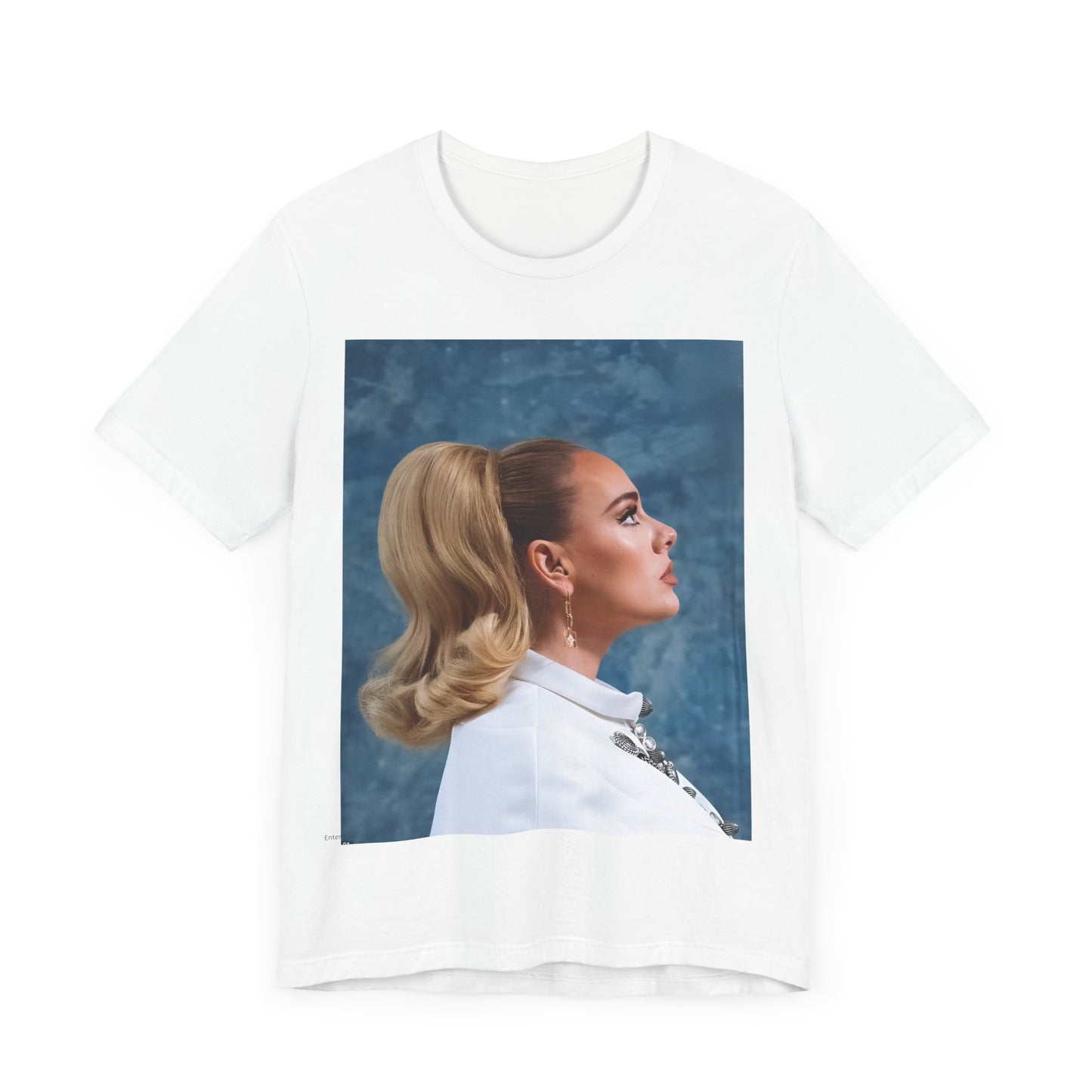 A black graphic t-shirt featuring a black and white photo of Adele in a vintage glamorous look, with classic hair and makeup.