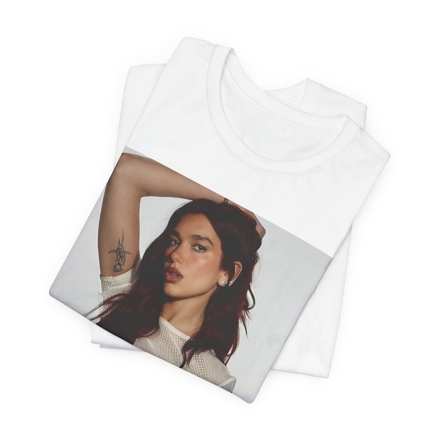 A black graphic t-shirt featuring a minimal graphic of Dua Lipa.