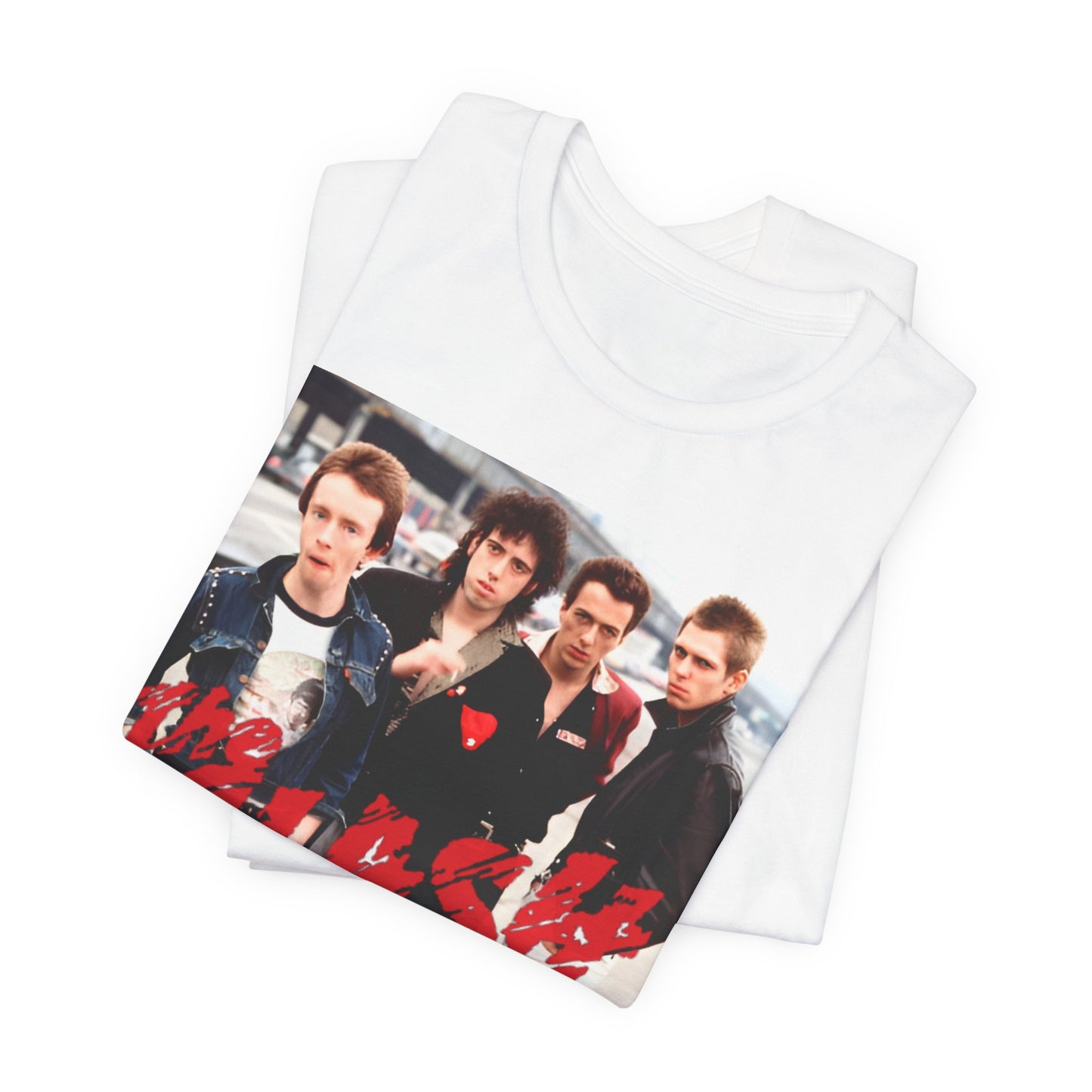 A black graphic t-shirt featuring a graphic of The Clash with an everyday punk style aesthetic.