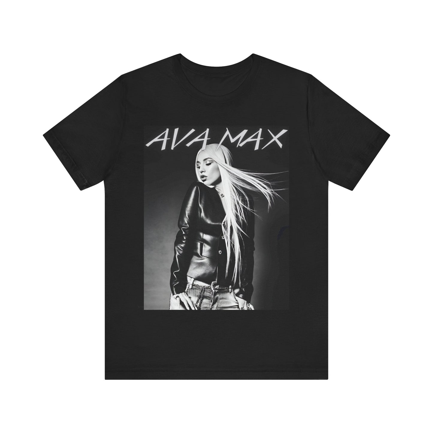 A black graphic t-shirt featuring a black and white portrait photo of Ava Max.