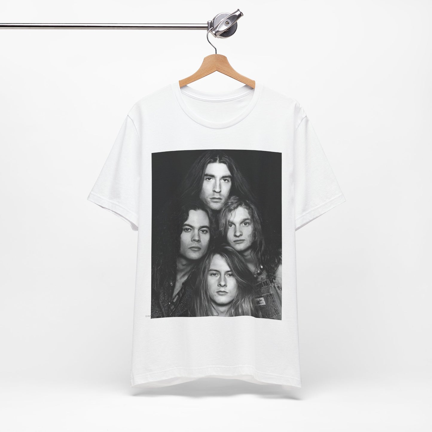 A black graphic t-shirt featuring a black and white graphic related to Alice In Chains' 90s 'Facelift' album era, possibly with band members in a stylized design.