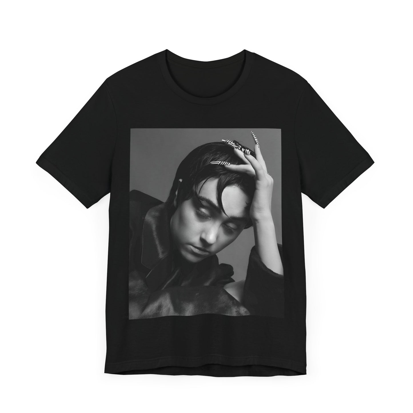 A black graphic t-shirt featuring a black and white graphic of Chappell Roan as a queer pop icon.