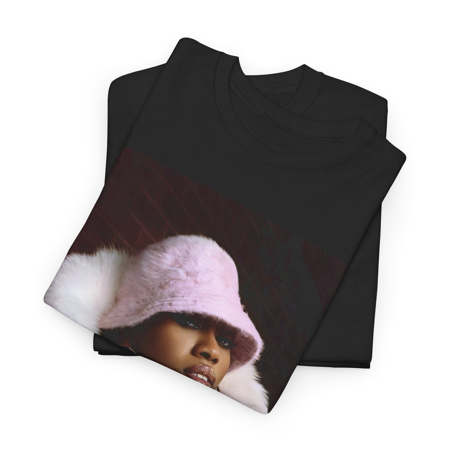 A black graphic t-shirt featuring a graphic of Missy Elliott as an underground hip hop queen.