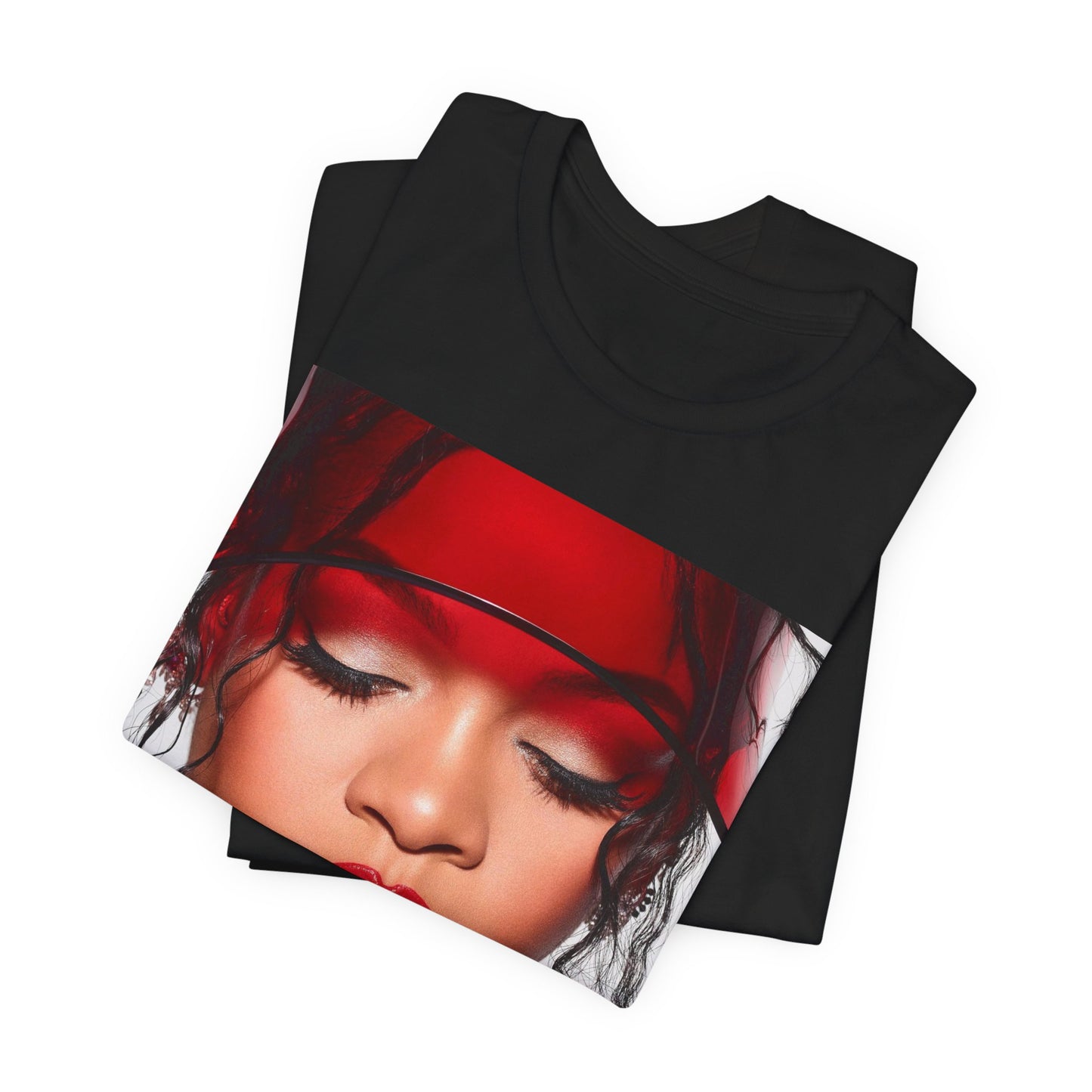 A black graphic t-shirt featuring a casual pop fan graphic of Rihanna.