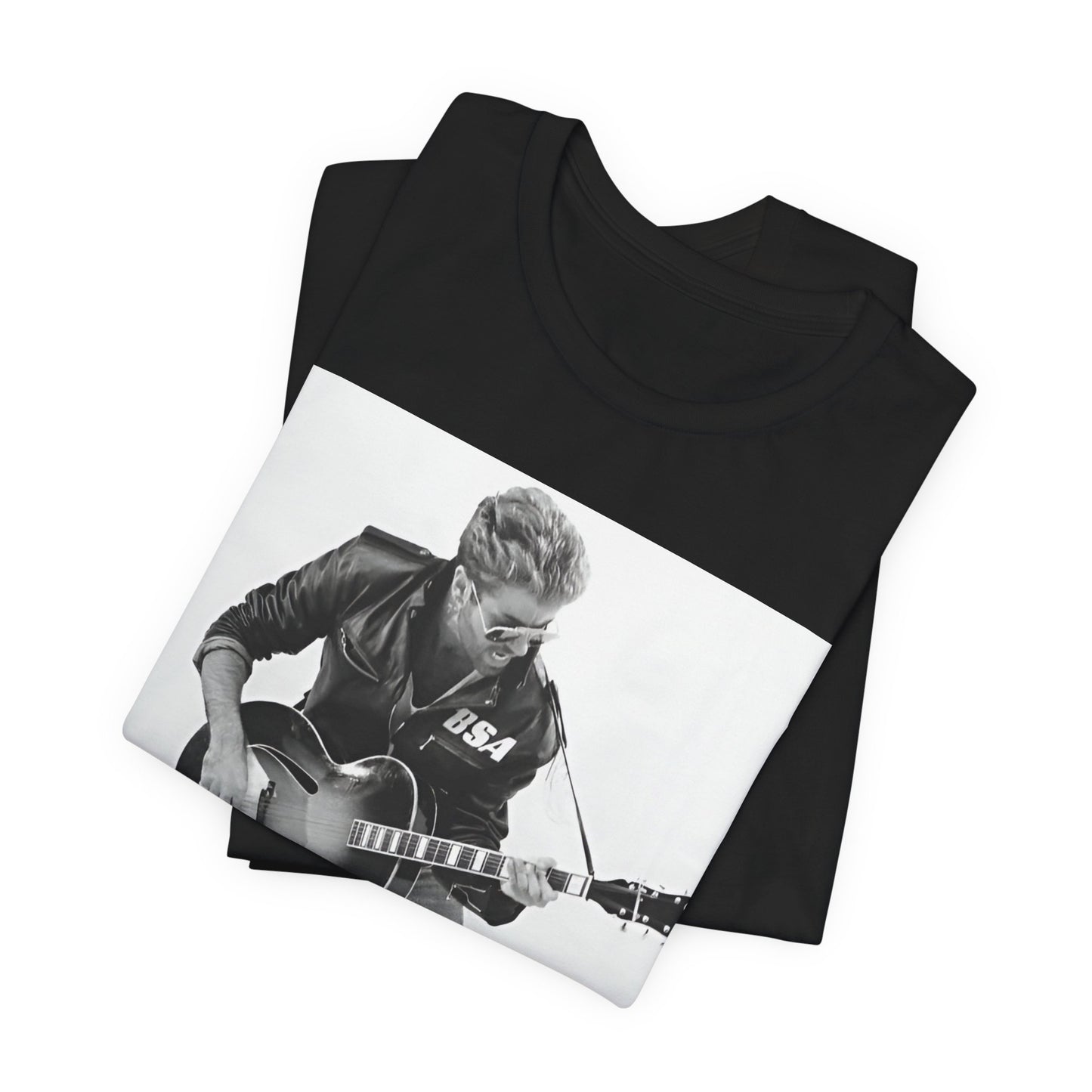 A black graphic t-shirt featuring a graphic of George Michael with a guitar.
