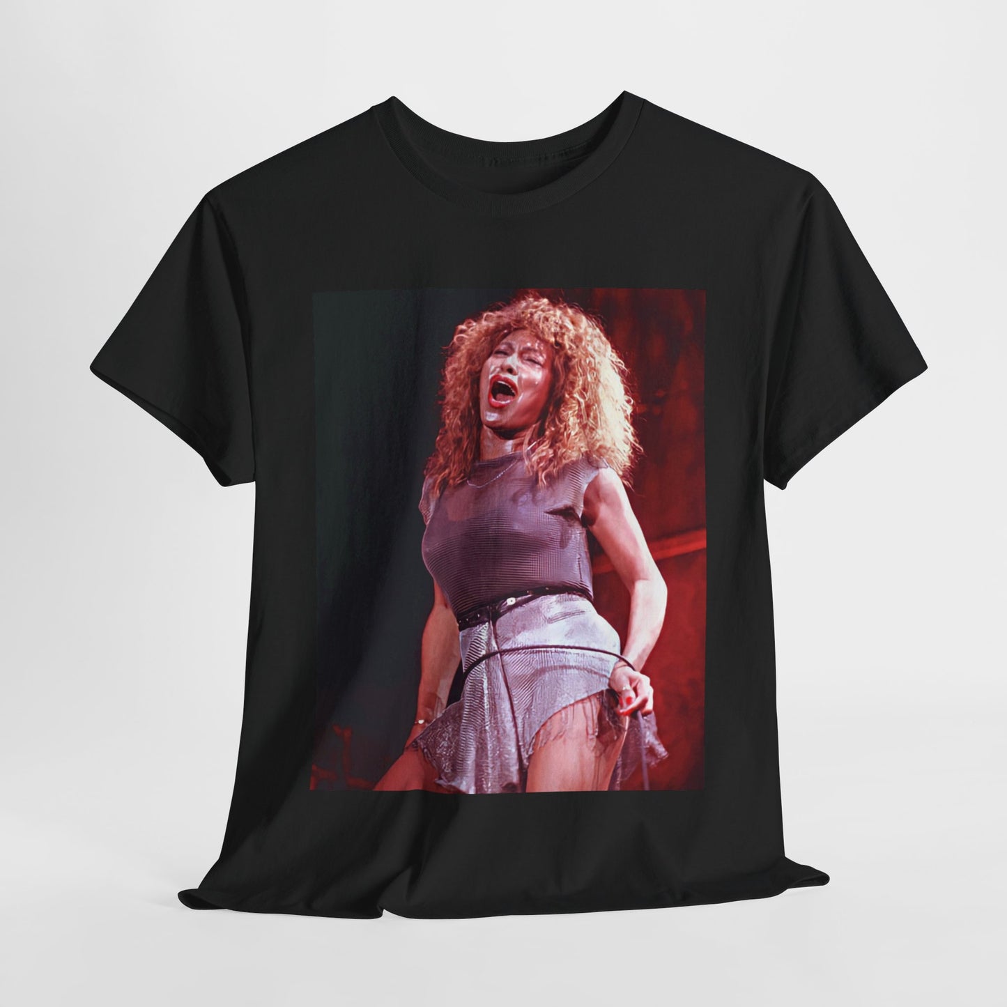 A black graphic t-shirt featuring a graphic of Tina Turner's iconic hair style.