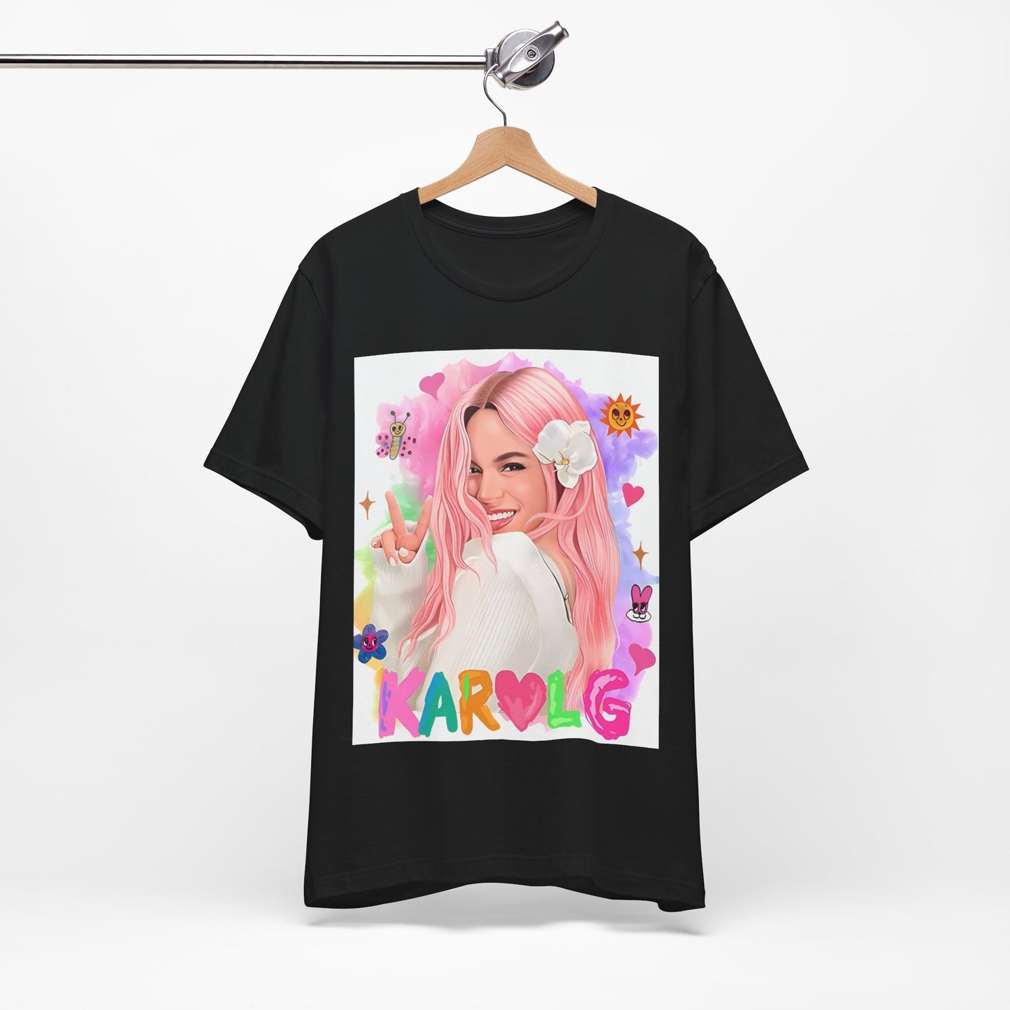 A black graphic t-shirt featuring a vintage graphic of Karol G, emphasizing her 'Bichota' persona.