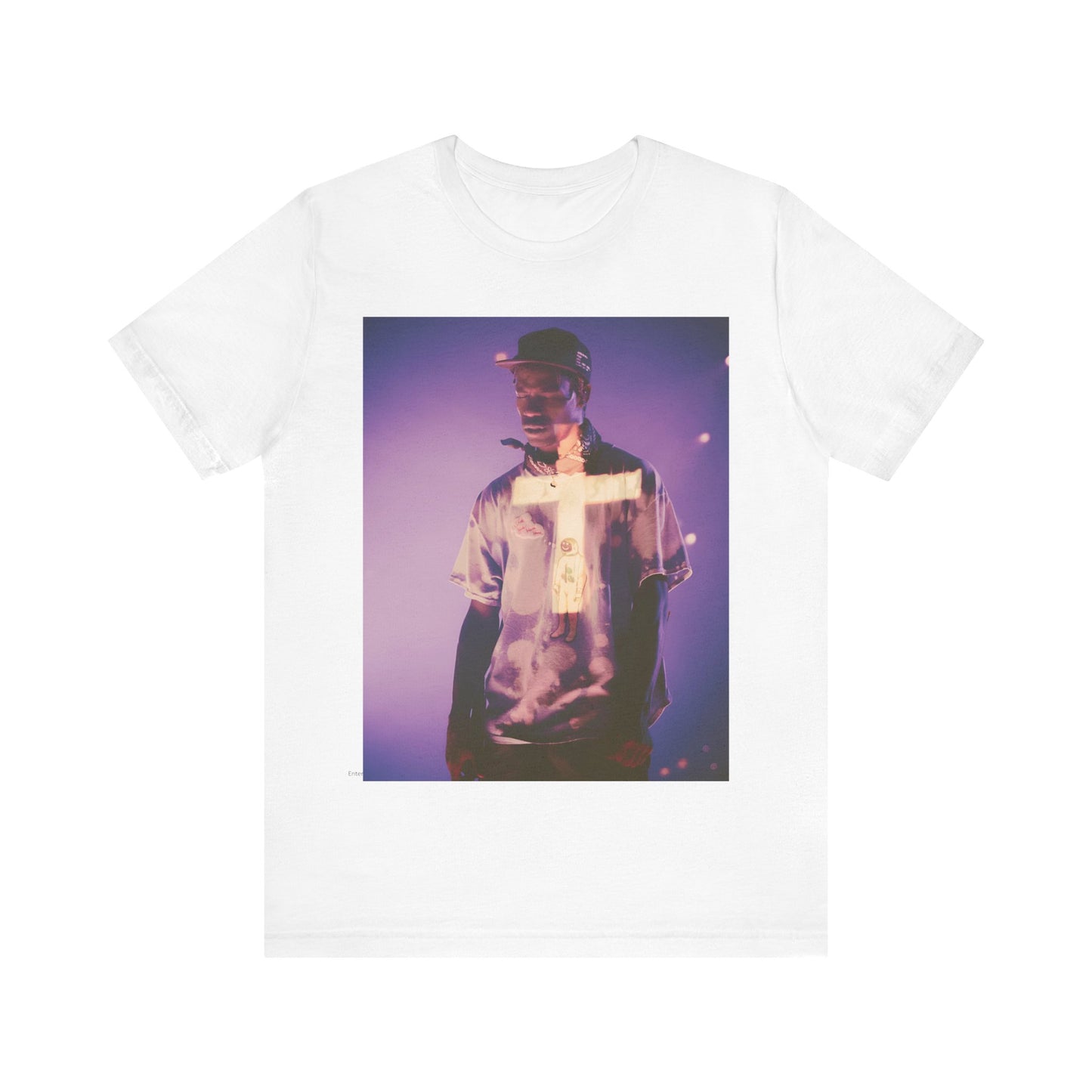 A black graphic t-shirt featuring a graphic of Travis Scott with dark fantasy vibes.