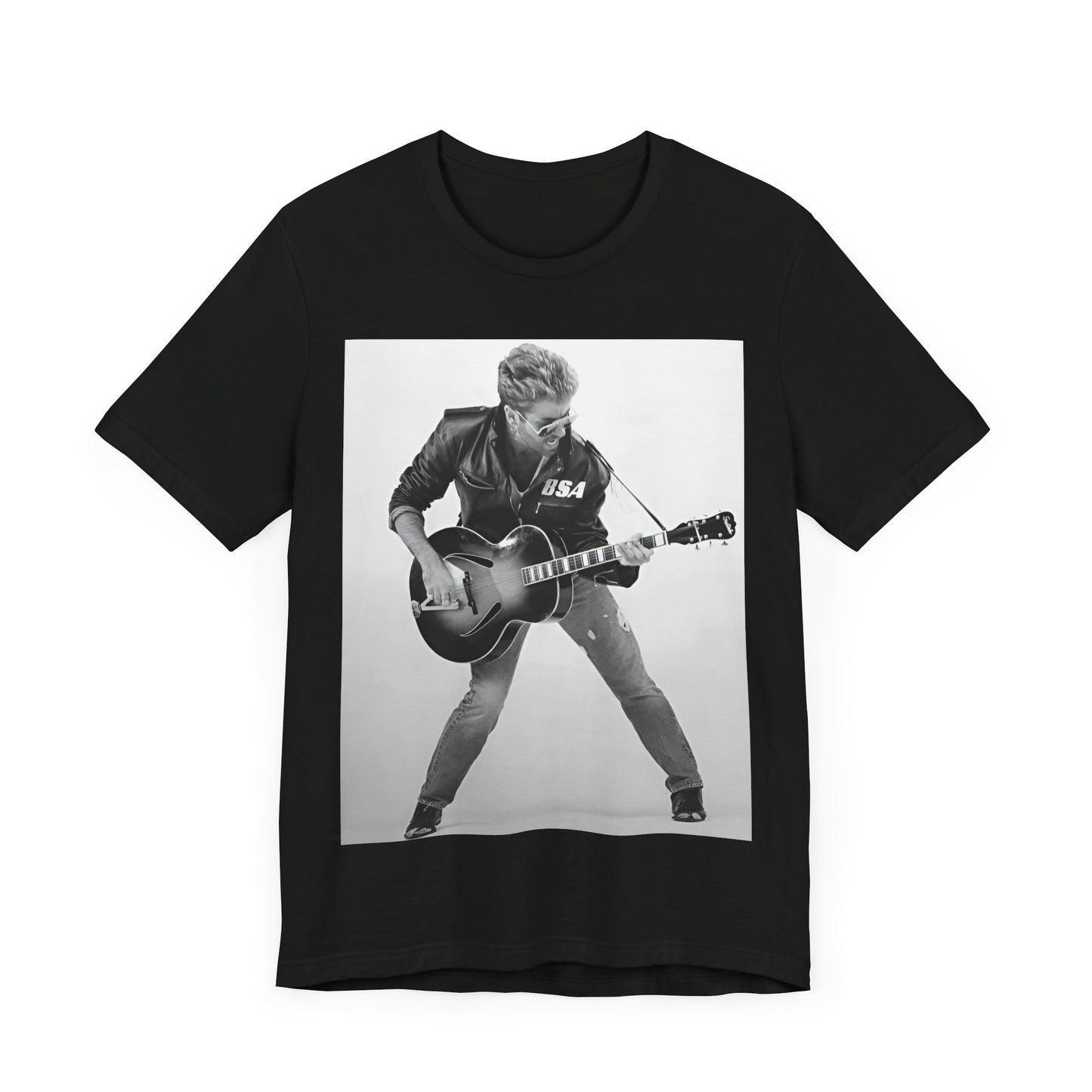 A black graphic t-shirt featuring a graphic of George Michael with a guitar.