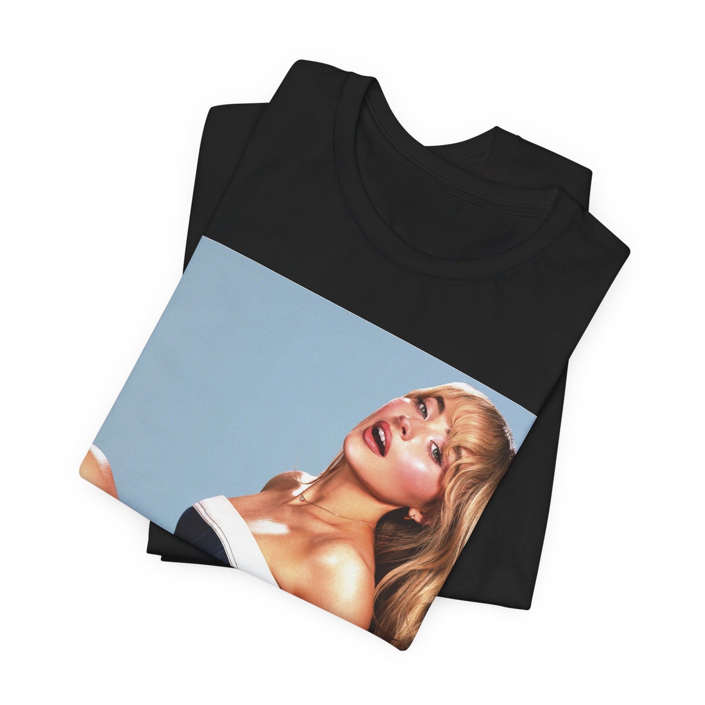 A black graphic t-shirt featuring a graphic related to Sabrina Carpenter's 'Espresso' song or era.