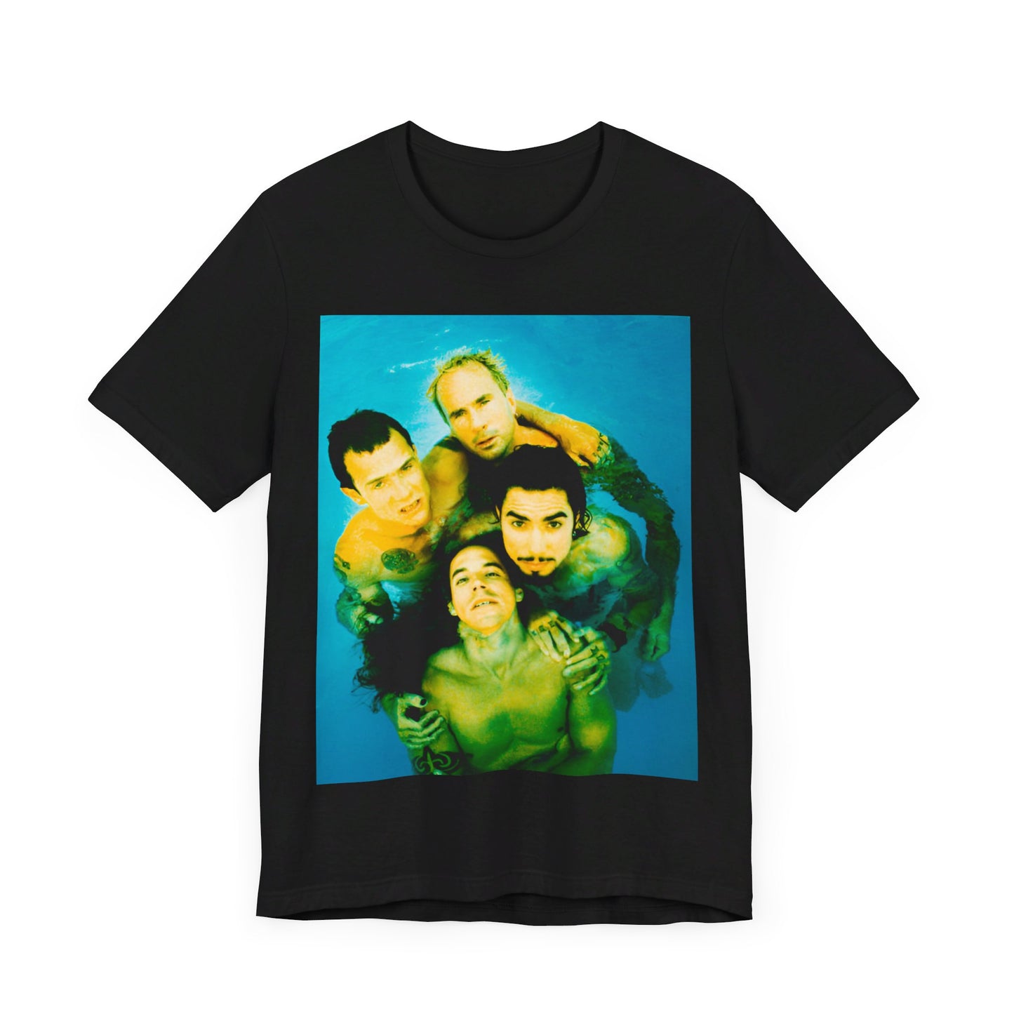 A black graphic t-shirt featuring a photo of Red Hot Chili Peppers band members by a pool.