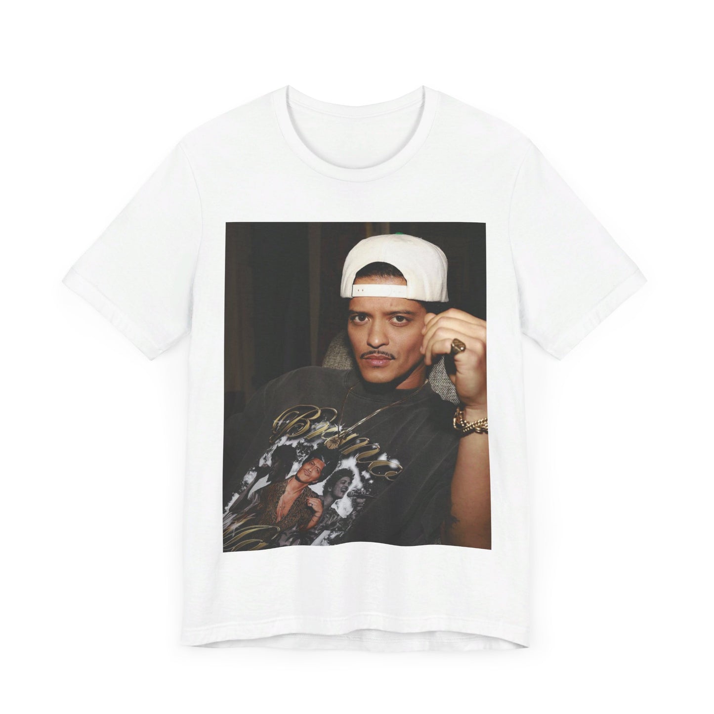 A black graphic t-shirt featuring a vintage aesthetic graphic of Bruno Mars.
