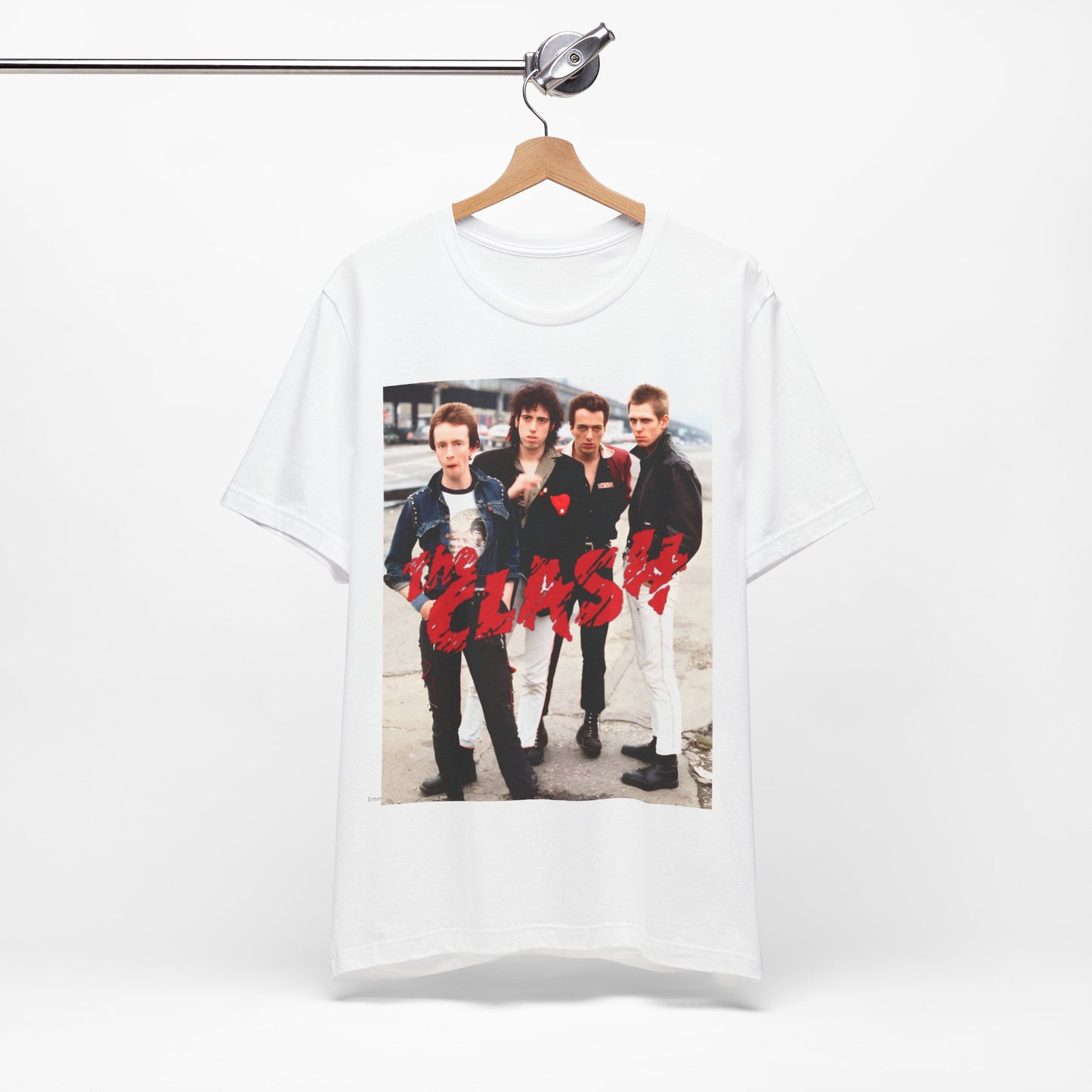 A black graphic t-shirt featuring a graphic of The Clash with an everyday punk style aesthetic.