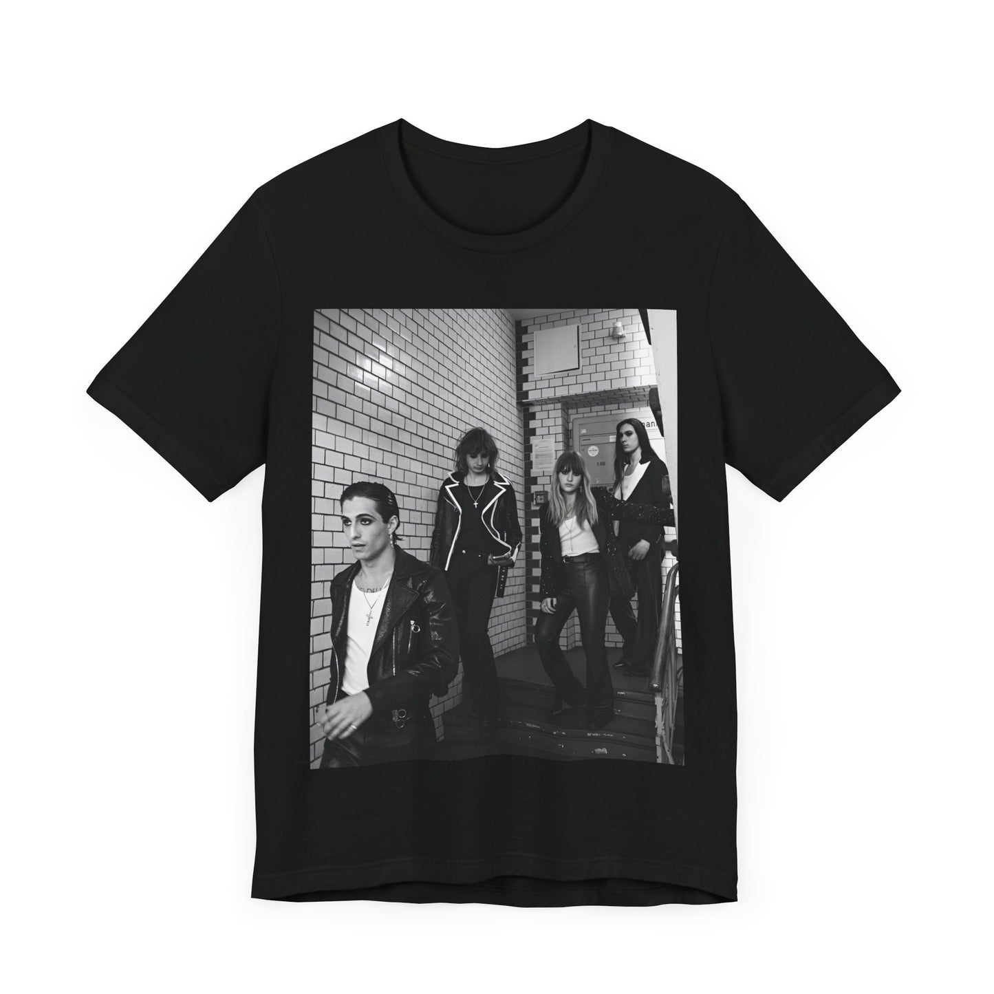 A black graphic t-shirt featuring a black and white graphic or photo of Maneskin in a backstage setting.