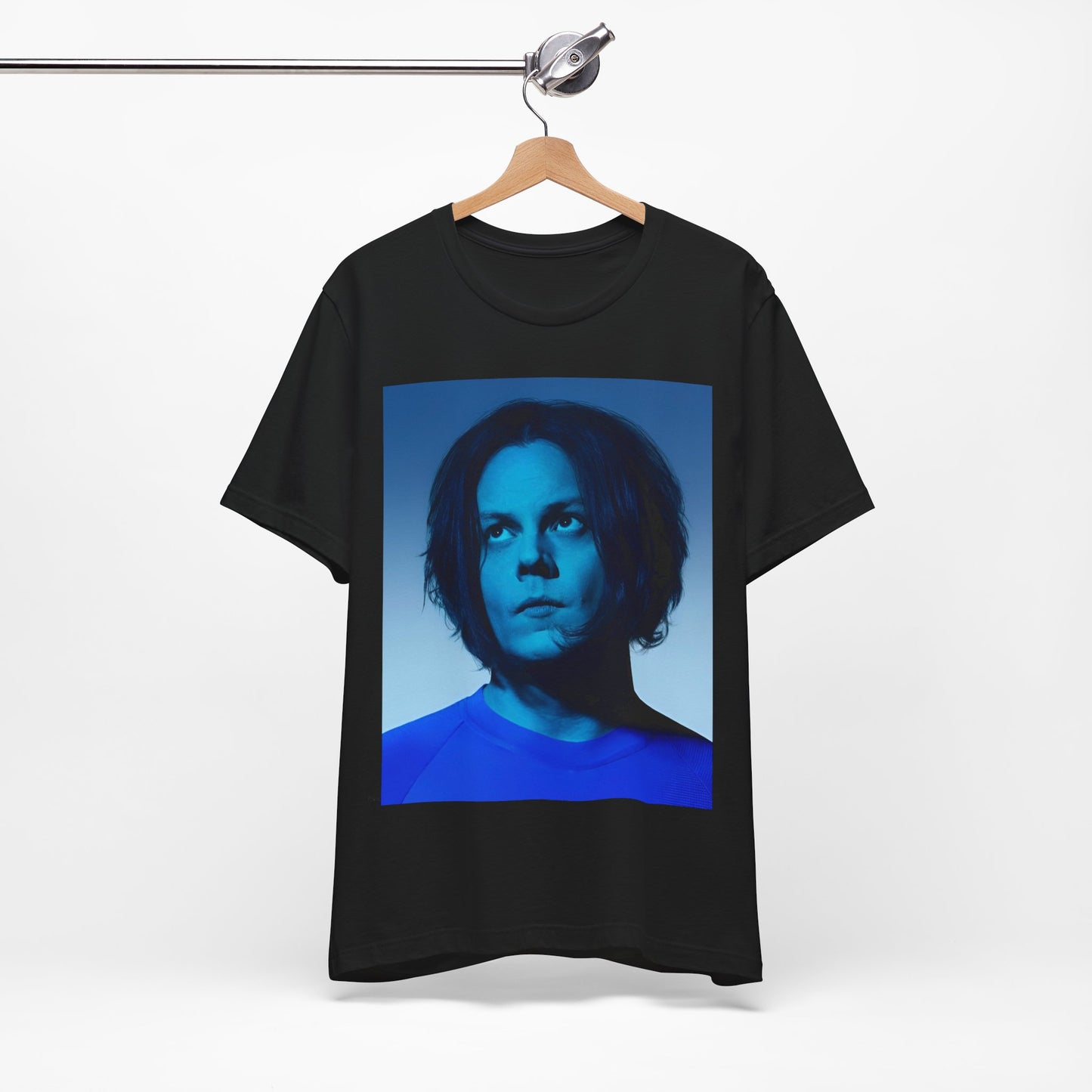 A black graphic t-shirt featuring a portrait photo of Jack White from The White Stripes.
