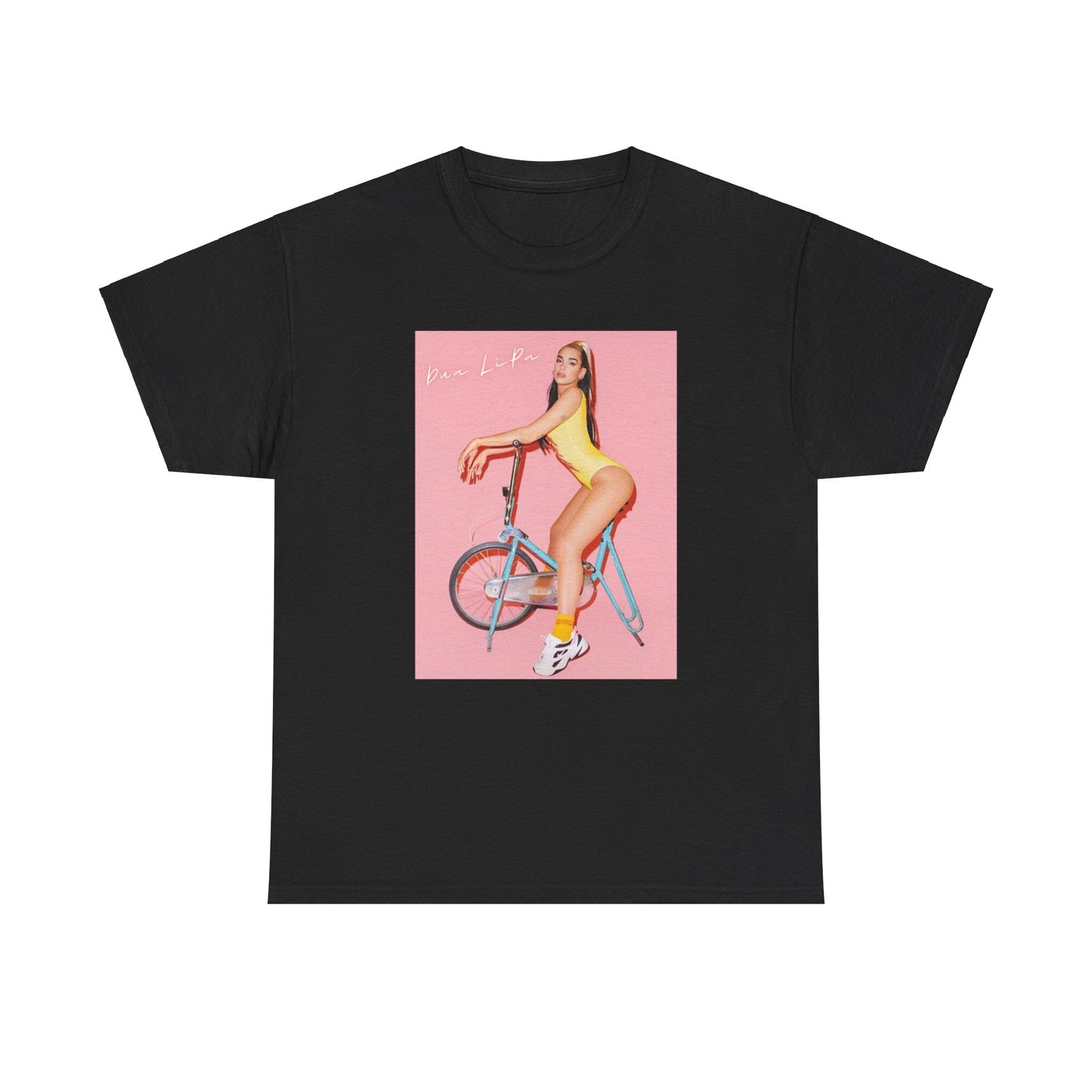 A black graphic t-shirt featuring a bold graphic inspired by Dua Lipa's "Physical" song, possibly with workout themes.