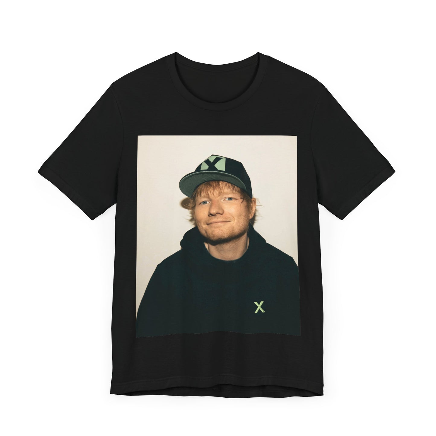 A black graphic t-shirt featuring a glamorous graphic of Ed Sheeran as a global tour icon.