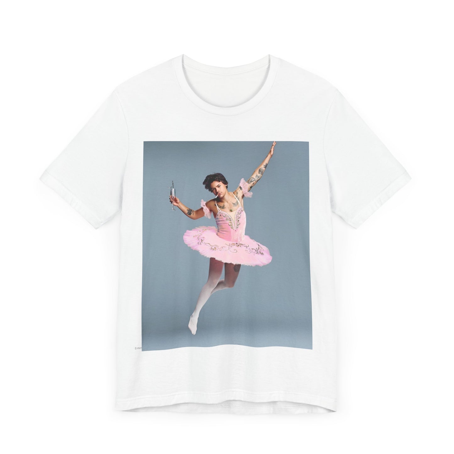 A black graphic t-shirt featuring a photo of Harry Styles in a ballet pose or setting.
