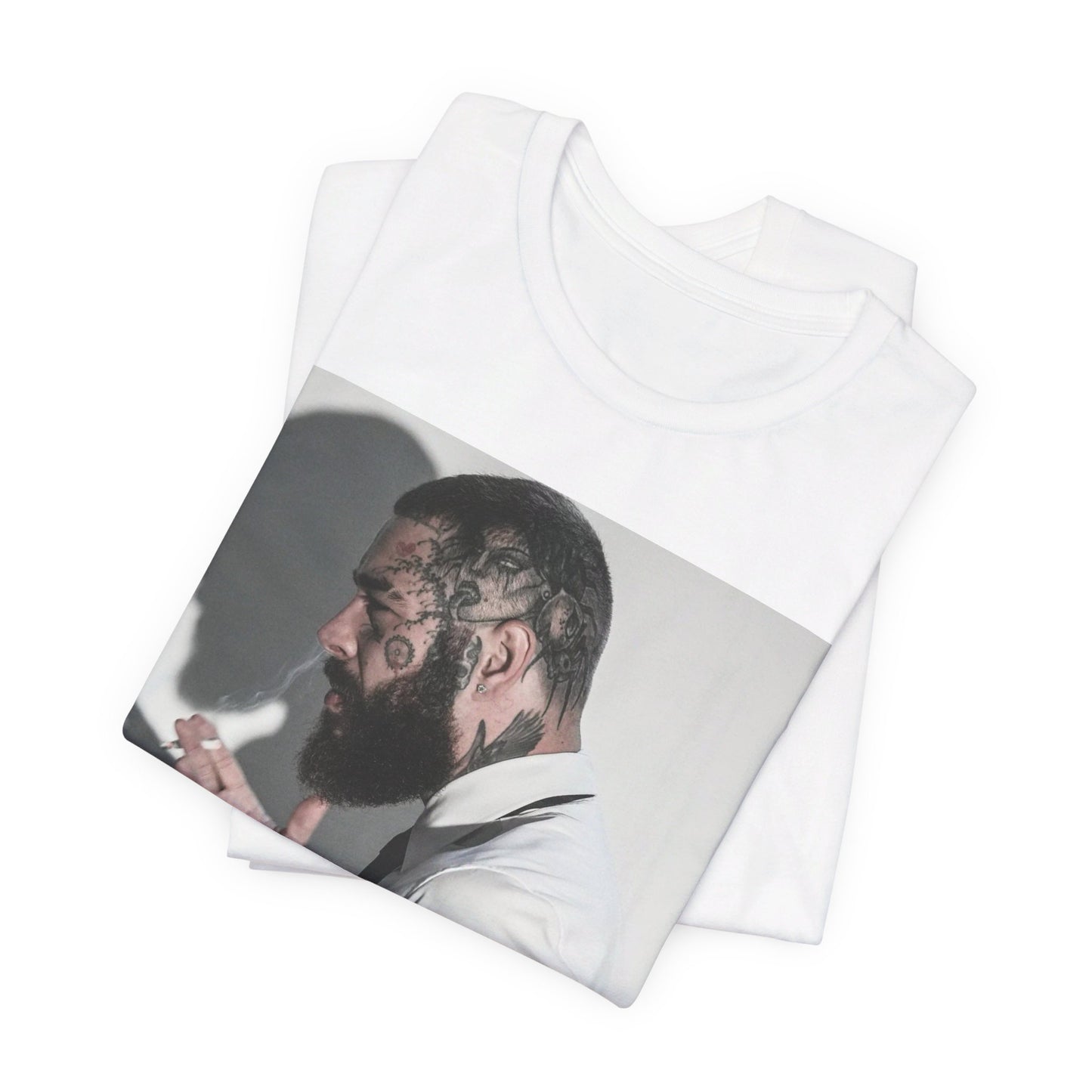 A black graphic t-shirt featuring a graphic of Post Malone with his classic face tattoos.