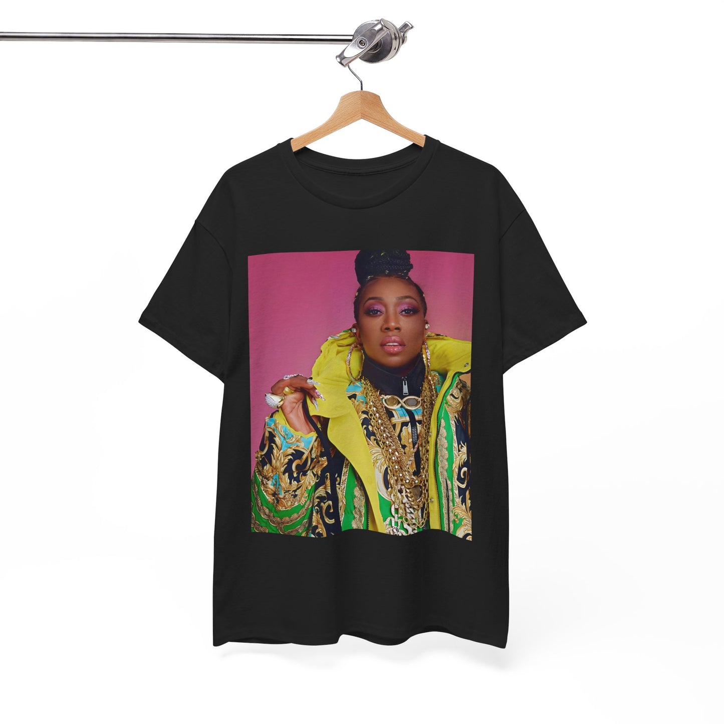 A black graphic t-shirt featuring a graphic of Missy Elliott as the rap queen of innovation.