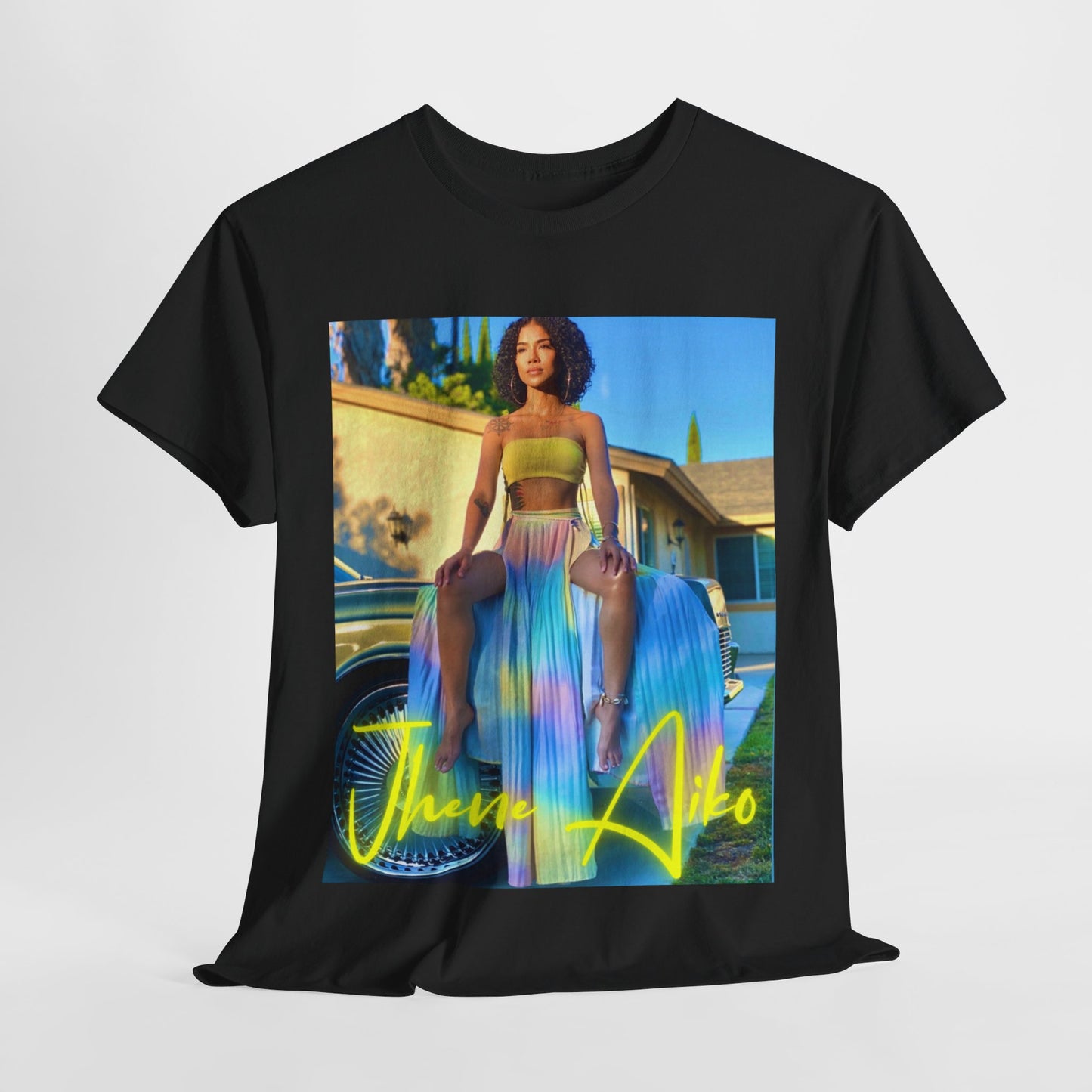 A black graphic t-shirt featuring a retro R&B aesthetic graphic of Jhene Aiko.