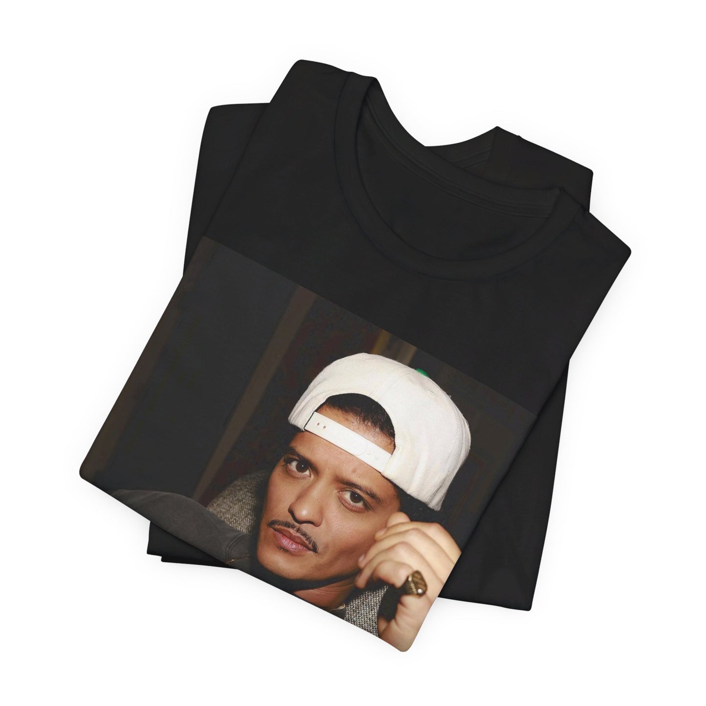A black graphic t-shirt featuring a vintage aesthetic graphic of Bruno Mars.