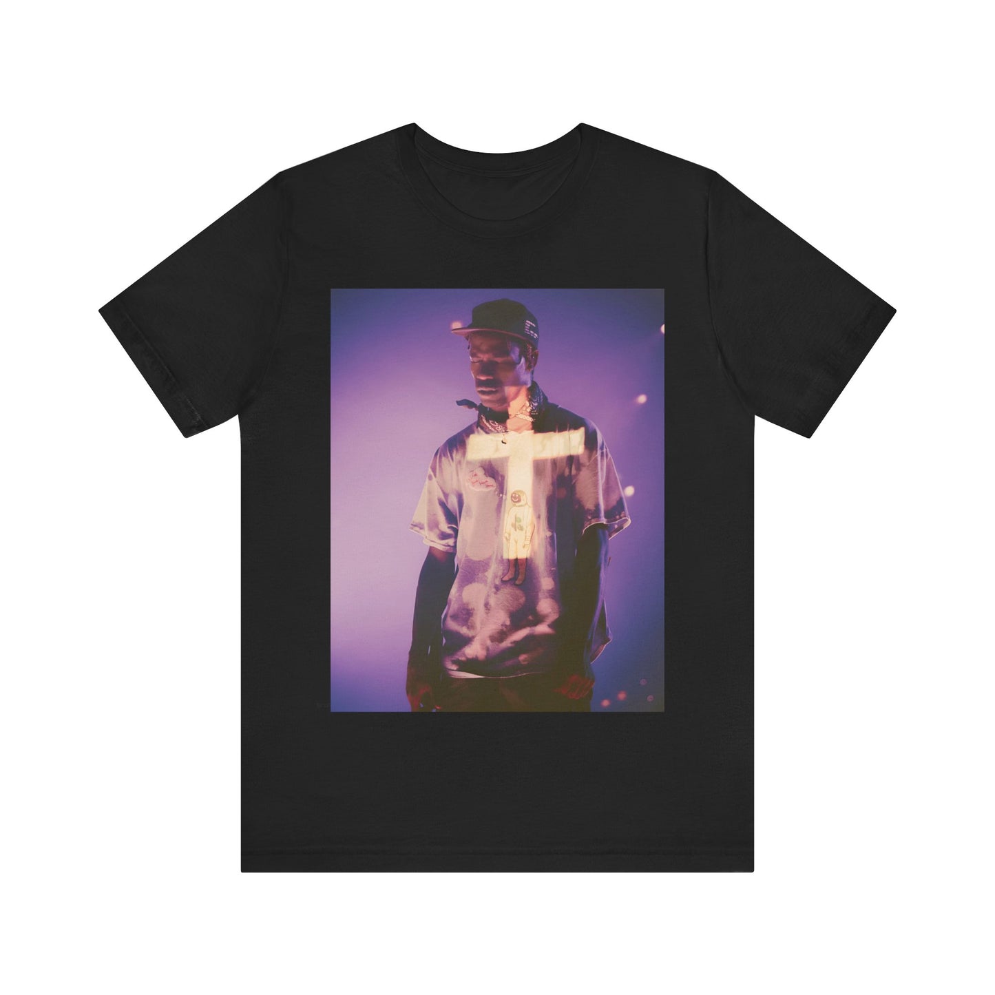A black graphic t-shirt featuring a graphic of Travis Scott with dark fantasy vibes.