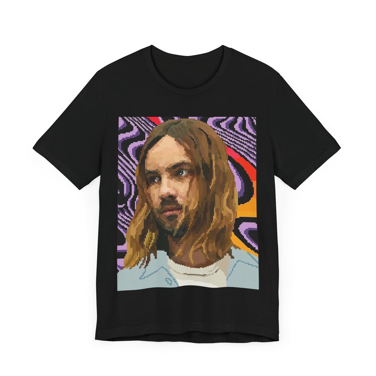 A black graphic t-shirt featuring a vintage graphic of Tame Impala with mind-bending visuals.