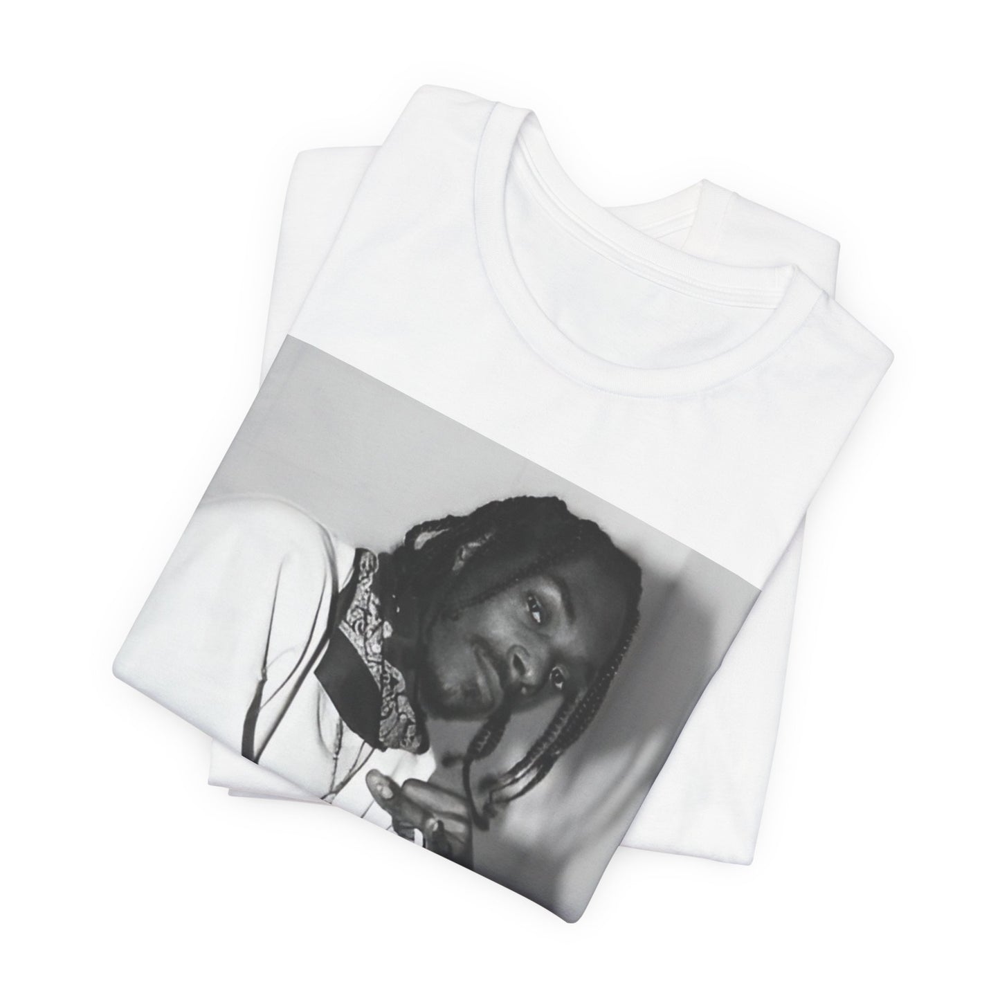 A black graphic t-shirt featuring a black and white hip hop graphic or photo of Snoop Dogg.